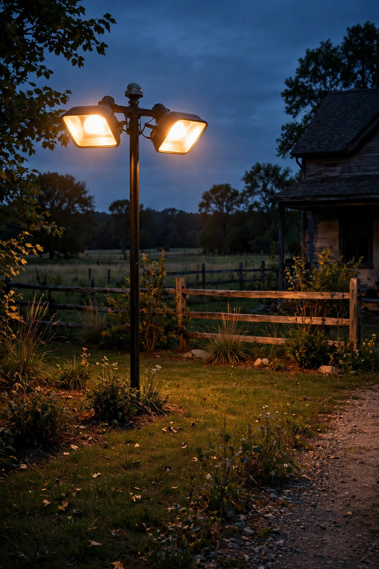 Dusk-to-dawn dual head flood lights glowing softly over a quiet rural front yard at night