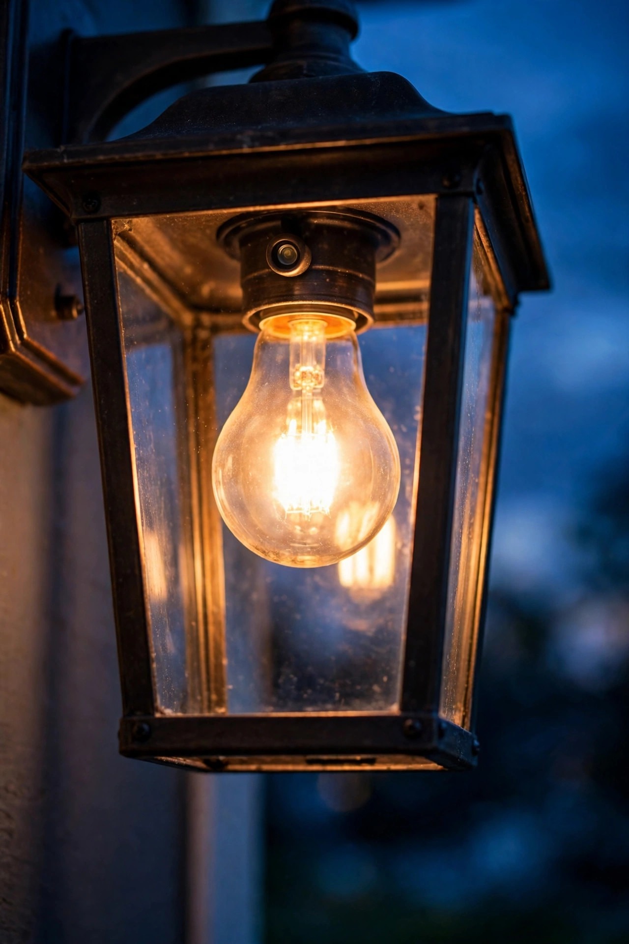 Close view of a dusk to dawn sensor socket screwed into a porch fixture with a warm LED bulb glowing at twilight