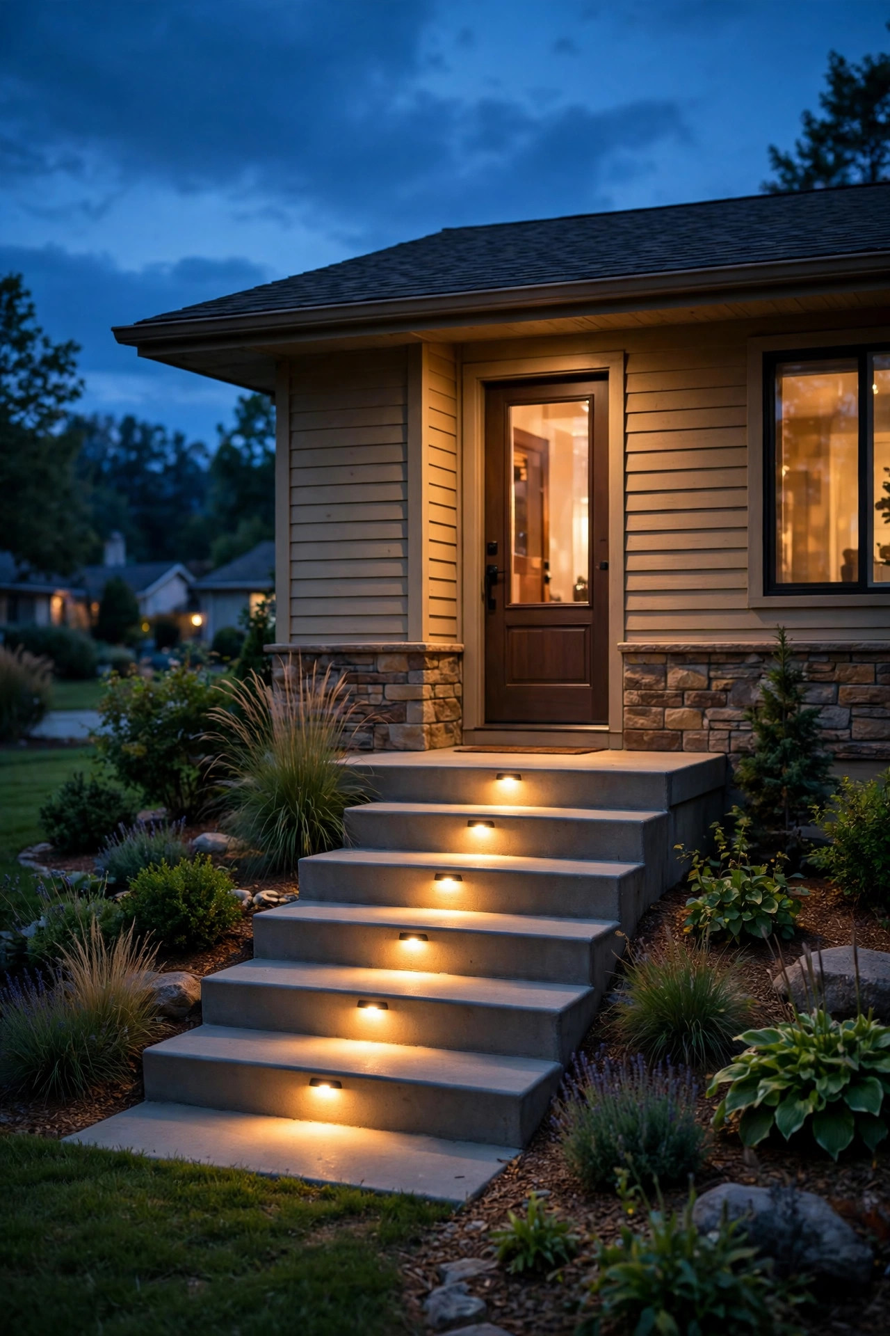 Recessed step lights washing the entry steps of a ranch home with warm light