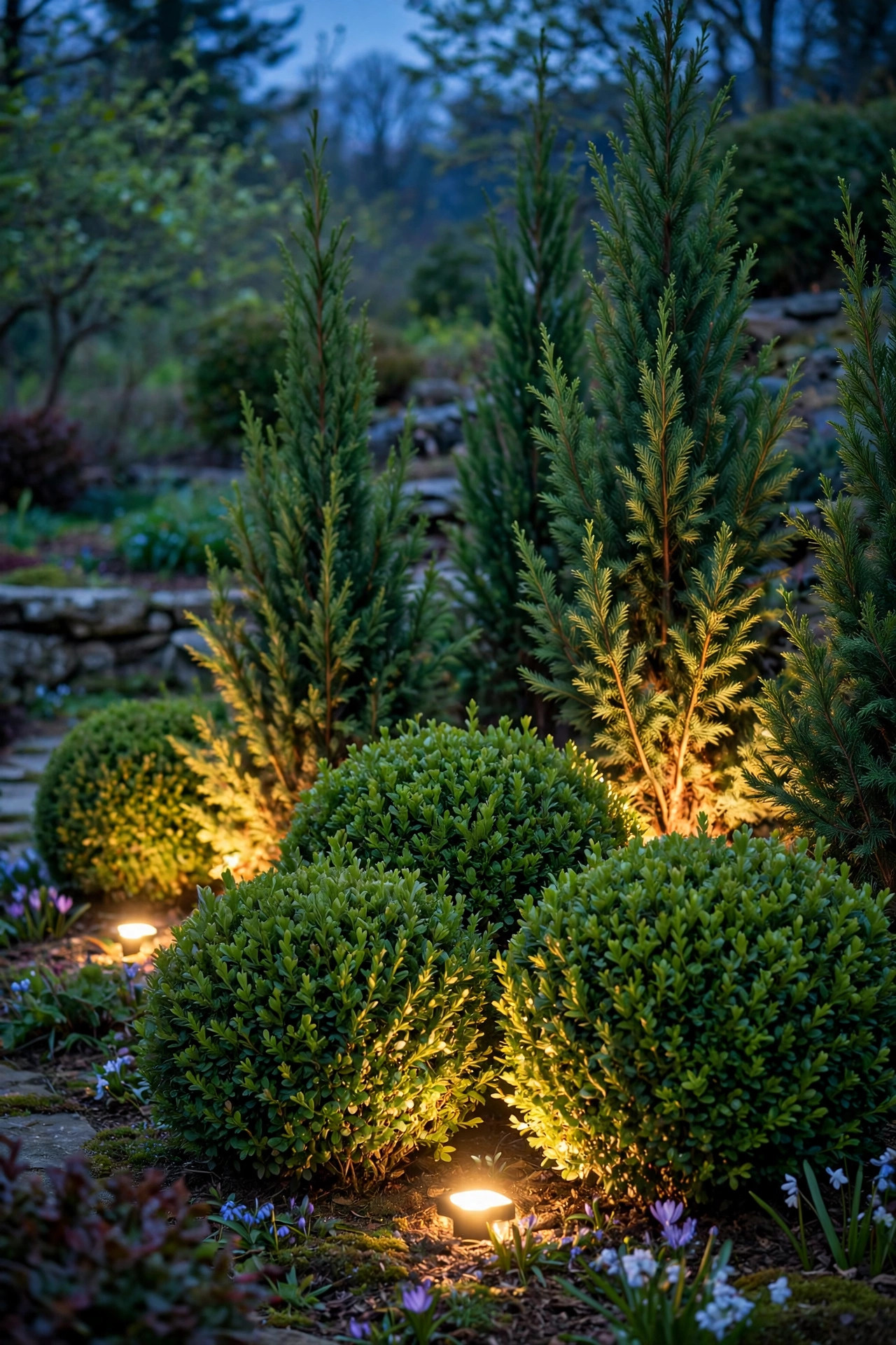 Warm uplights glowing at the base of rounded boxwood and conifer evergreens in a spring garden at dusk