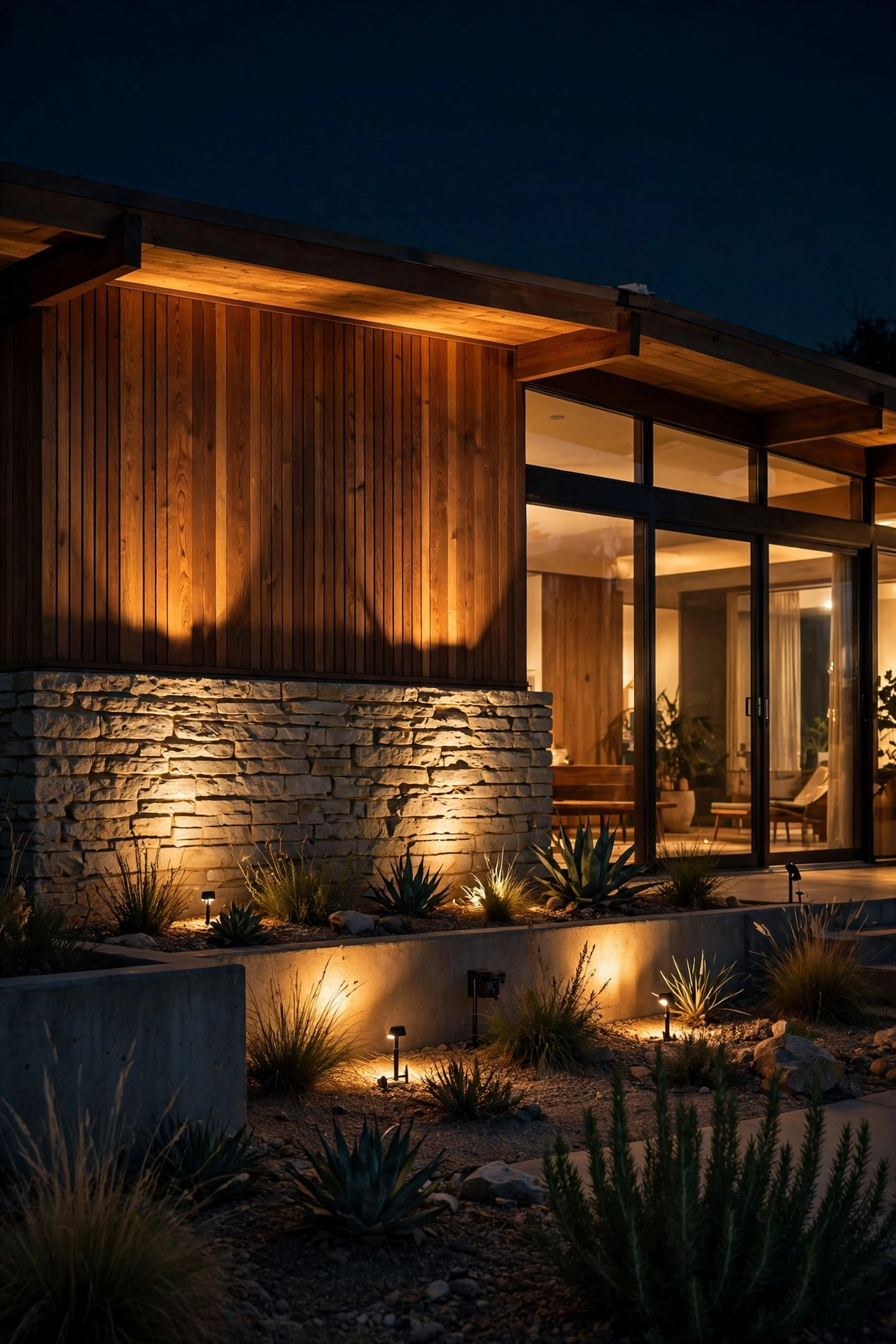 Low-voltage spotlights washing a low-slung mid century modern facade with warm light at night