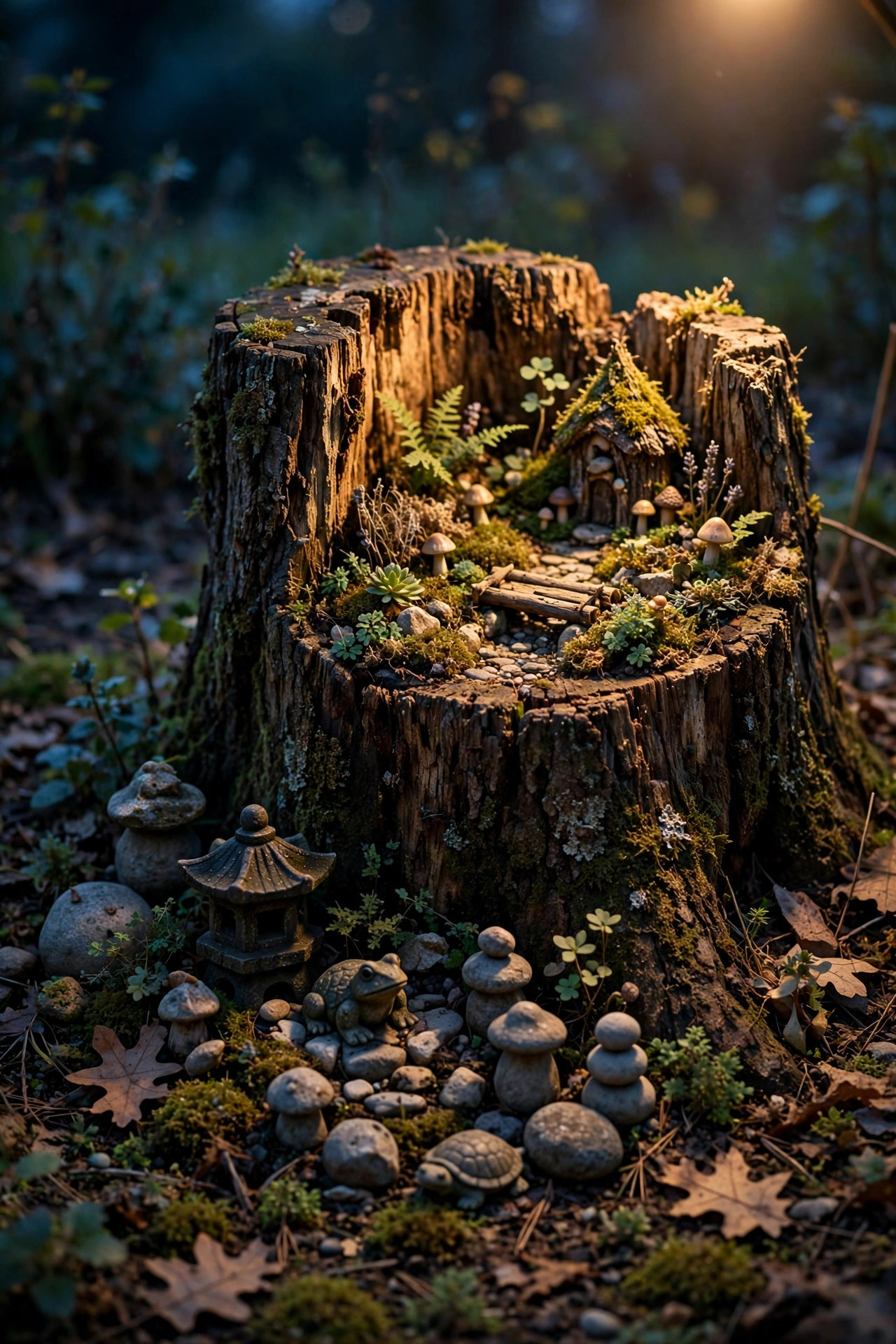 Cluster of small stone garden ornaments and a fairy garden in a stump lit by one soft warm spotlight at dusk