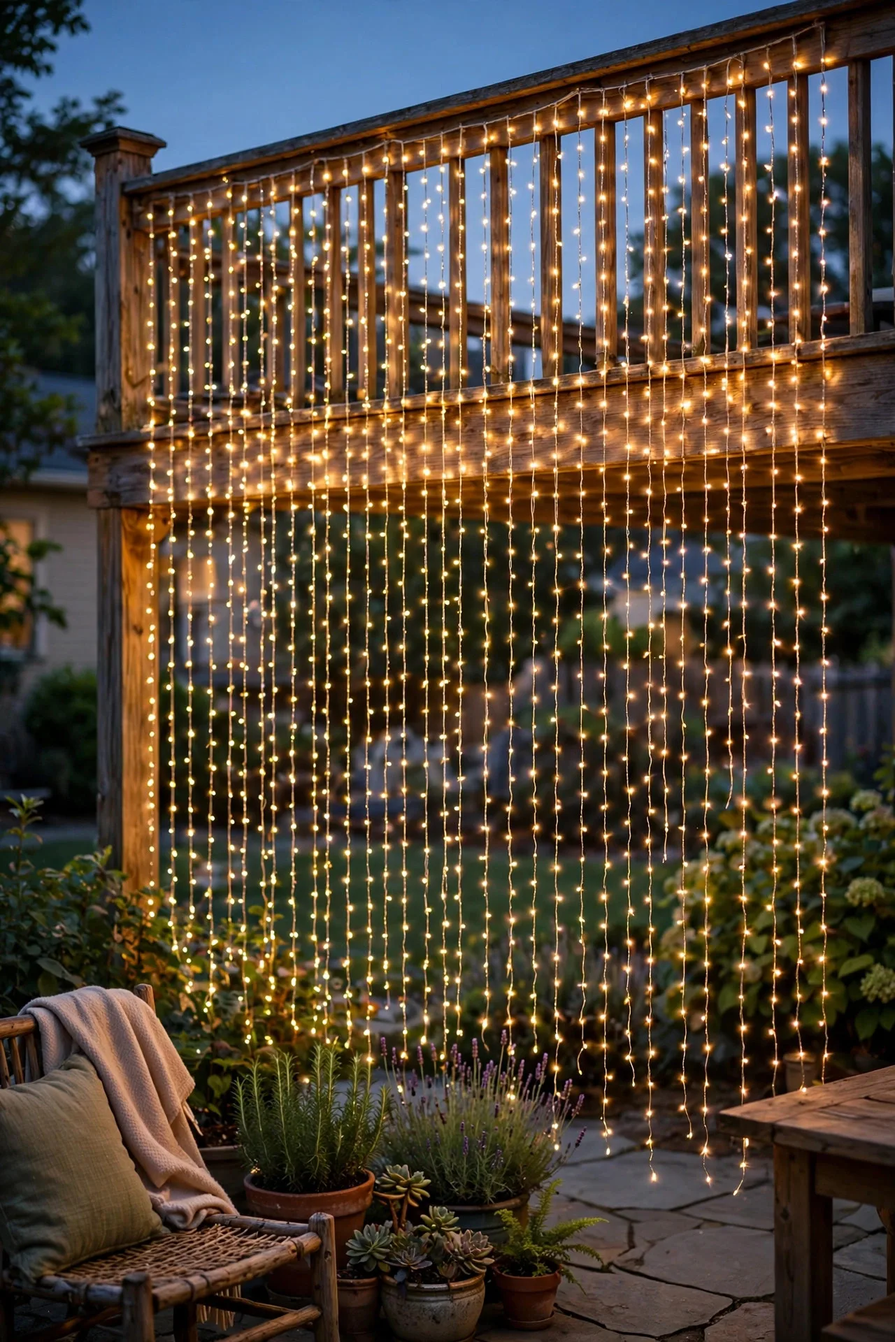 Fairy light curtain draped over a patio railing glowing at dusk