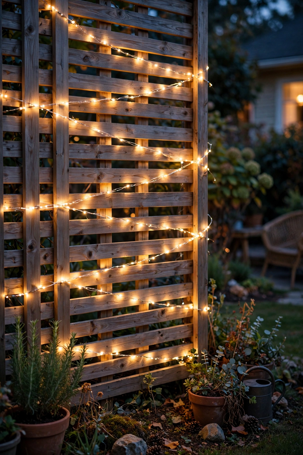 Fairy lights woven through a slatted fence glowing like ribbons of light at night