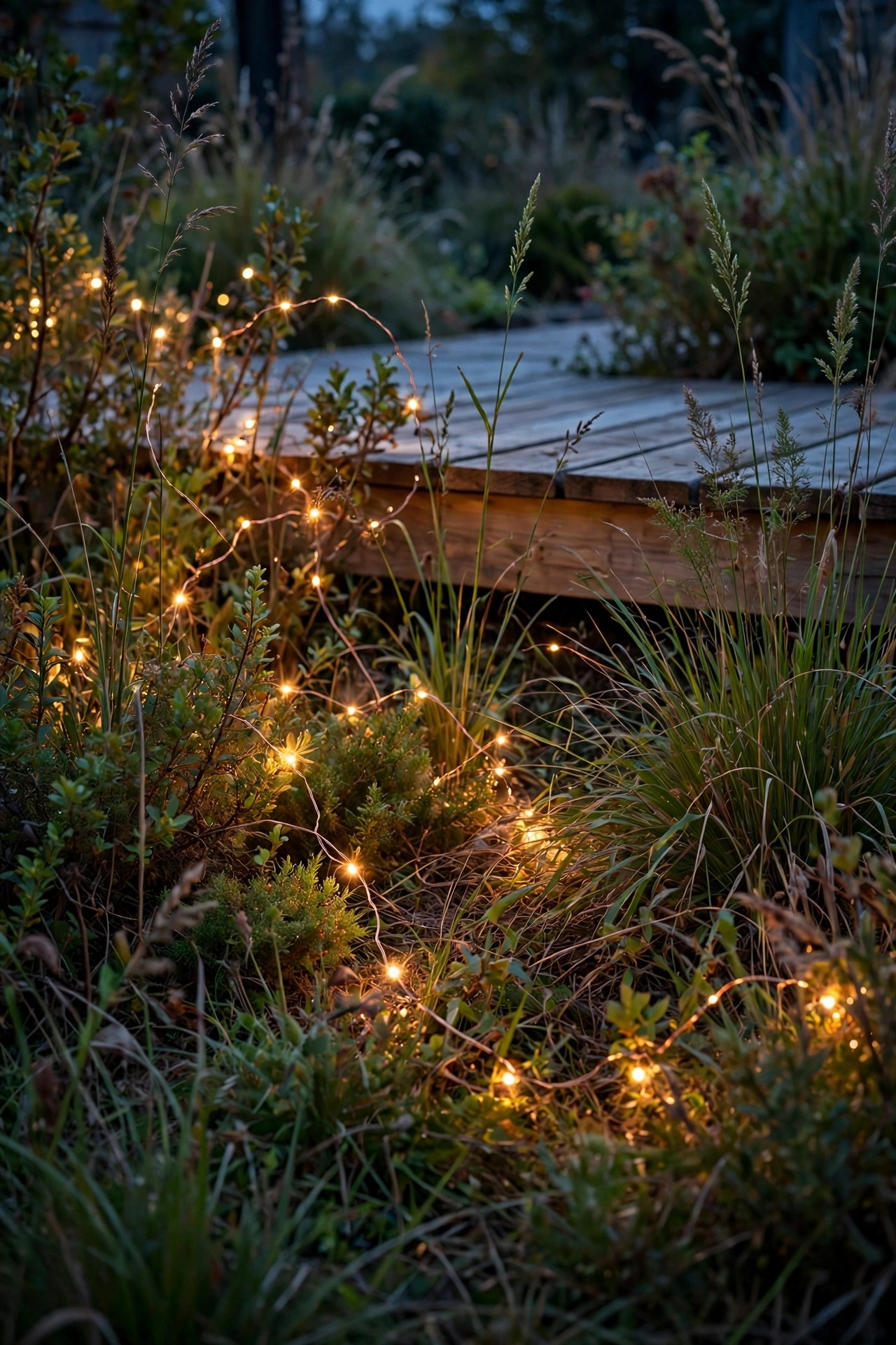Copper wire fairy lights sparkling through shrubs and grasses edging a ground level deck