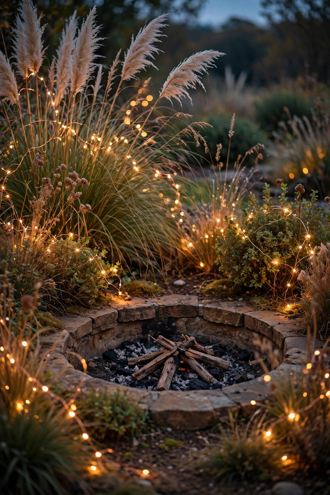 Copper-wire fairy lights woven through shrubs and ornamental grasses planted around a sunken fire pit rim