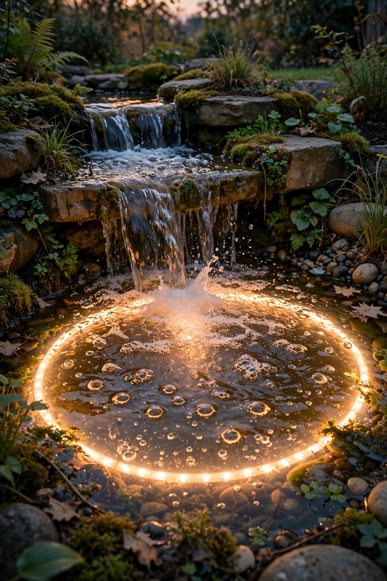 Shallow waterfall basin in a garden pond glowing from a hidden ring of underwater LED lights, bubbling water scattering warm light