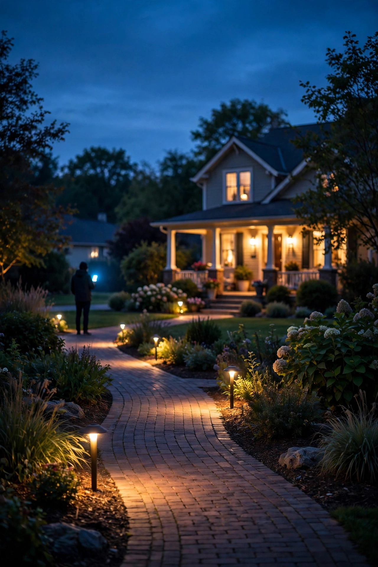 Homeowner checking phone app for smart outdoor lighting FAQ answers beside glowing garden path lights