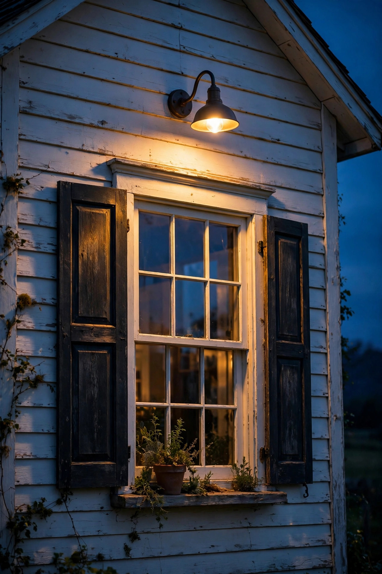 Small gooseneck barn light above a farmhouse window with shutters at dusk