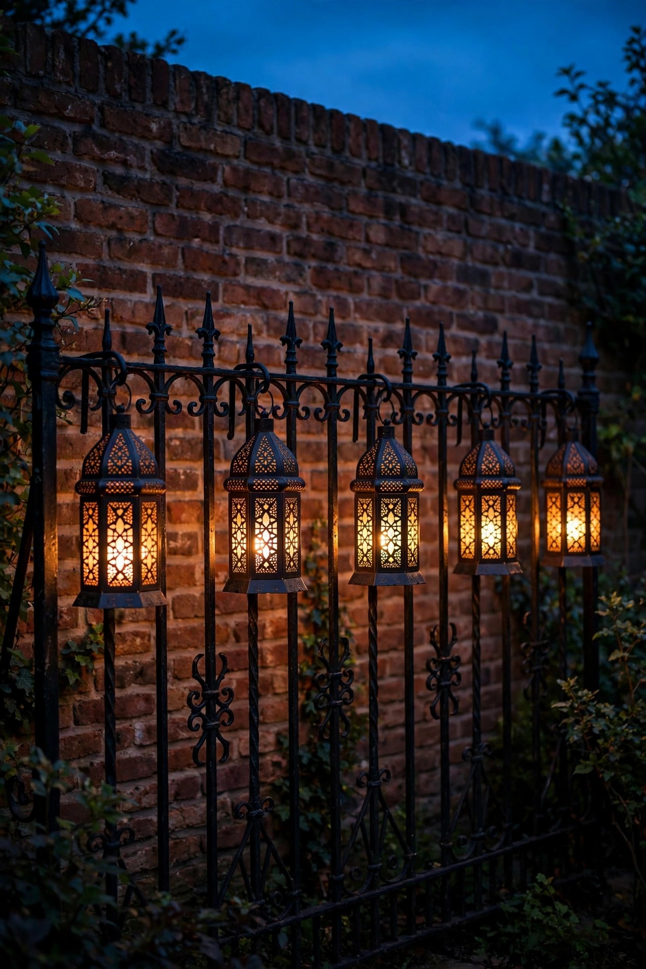 Row of matching pierced-metal lanterns glowing along a black iron garden fence at dusk with brick wall behind