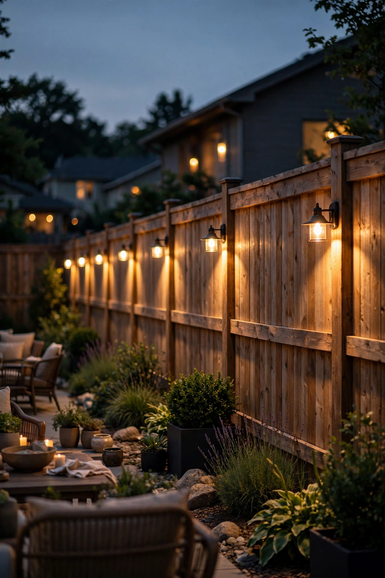 Warm sconce lights mounted along a wooden fence for backyard evening entertaining