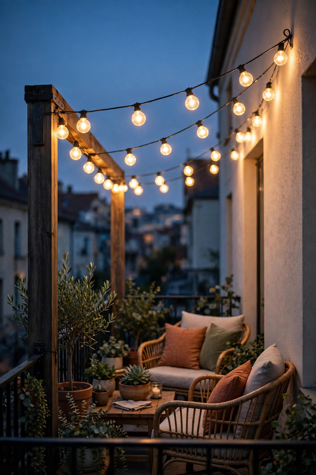 Globe festoon lights strung diagonally from a corner balcony post to the wall, forming a glowing canopy over the seating at dusk