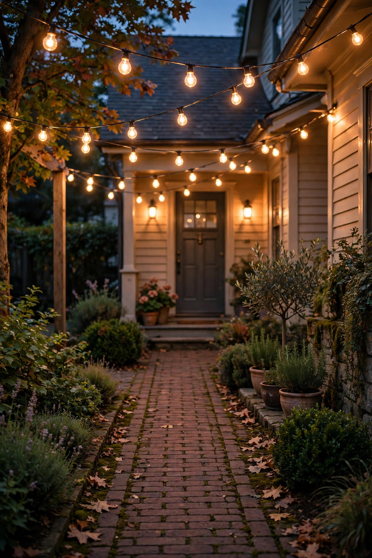 Warm festoon string lights zigzagging overhead above a narrow front walkway at dusk with glowing bulbs