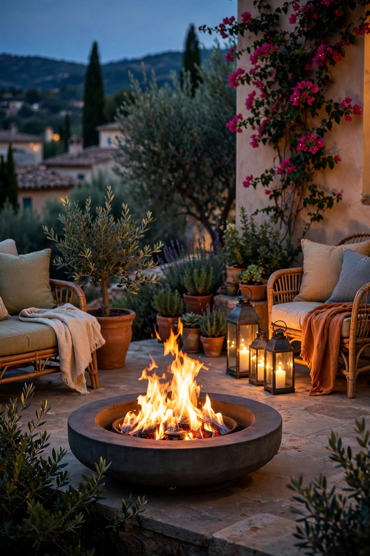 Fire bowl surrounded by stump seating and low warm accent lights in a rustic garden at night