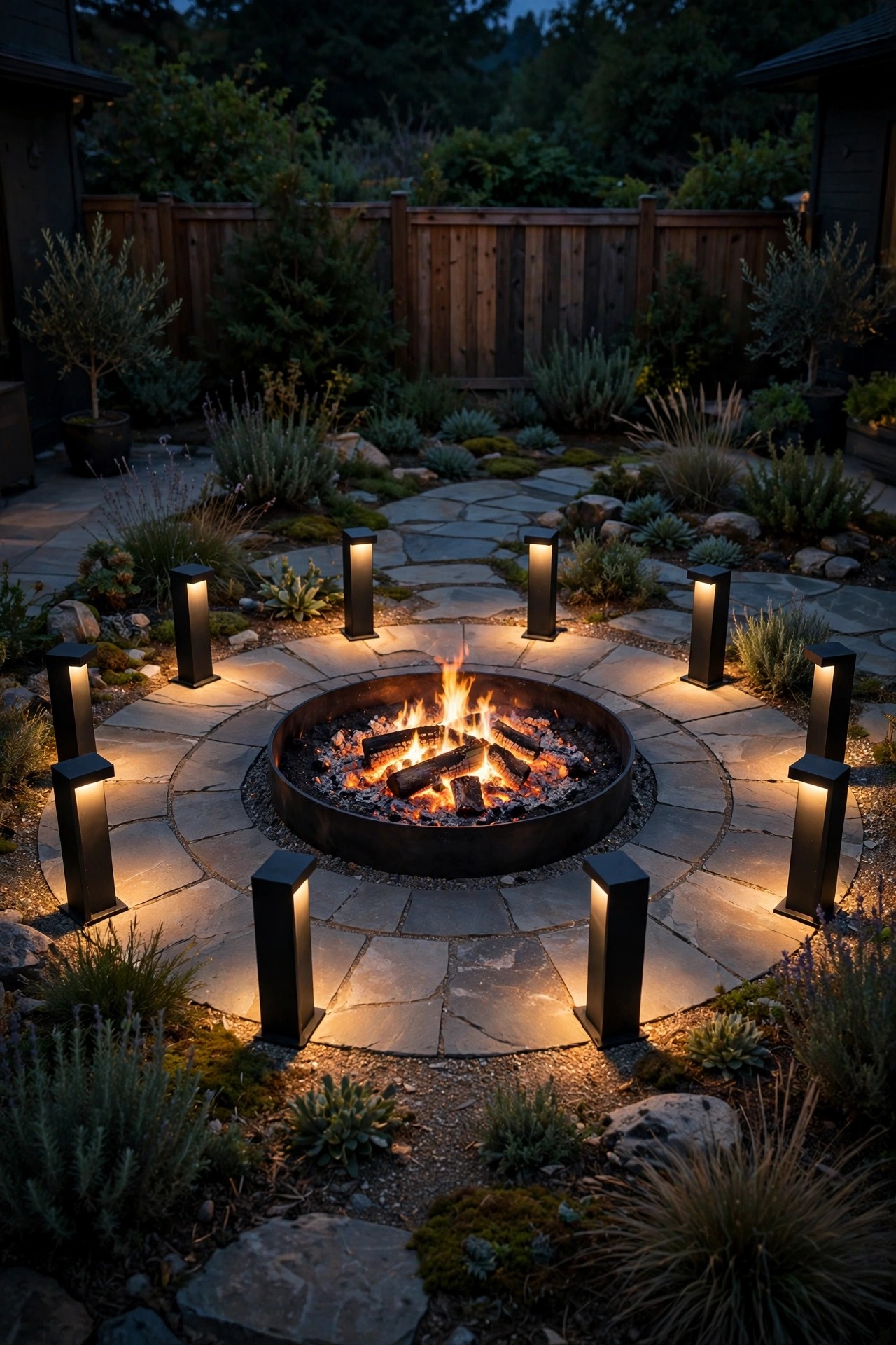 Low black steel fixtures glowing softly around a backyard fire pit seating circle at night