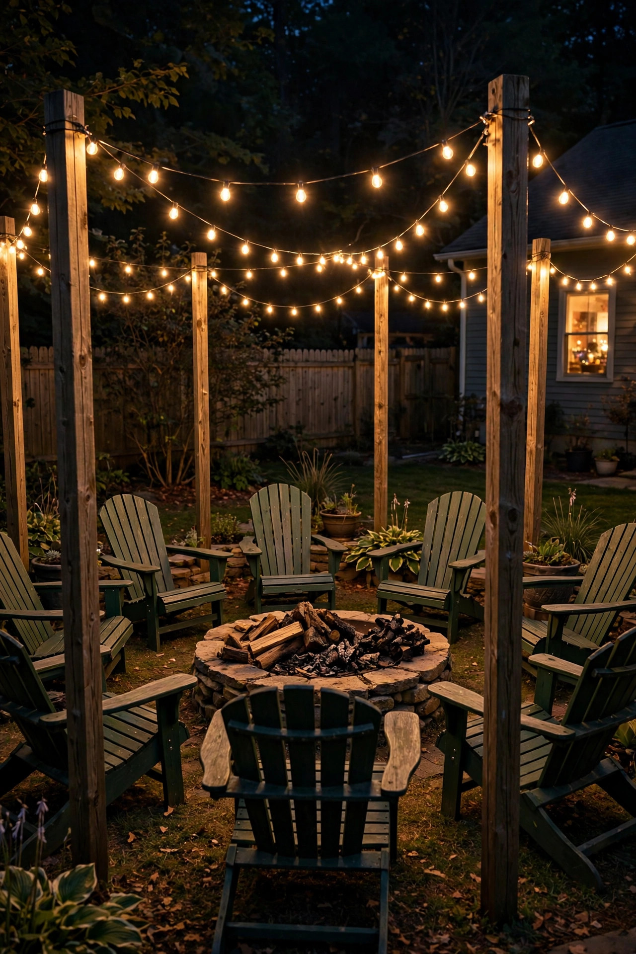 Solar string lights outdoor strung between posts in a ring around a backyard fire pit seating area at night