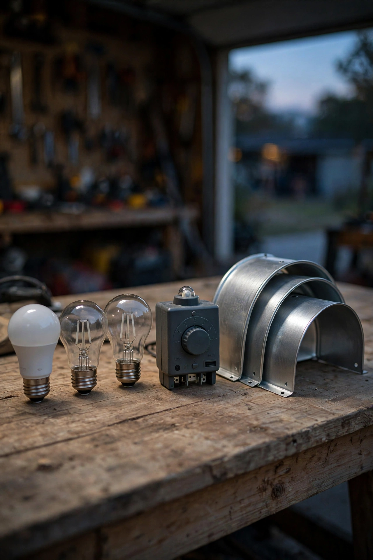 DIY outdoor lighting fix supplies on a workbench — LED bulbs, photocell timer, and glare guards with price tags