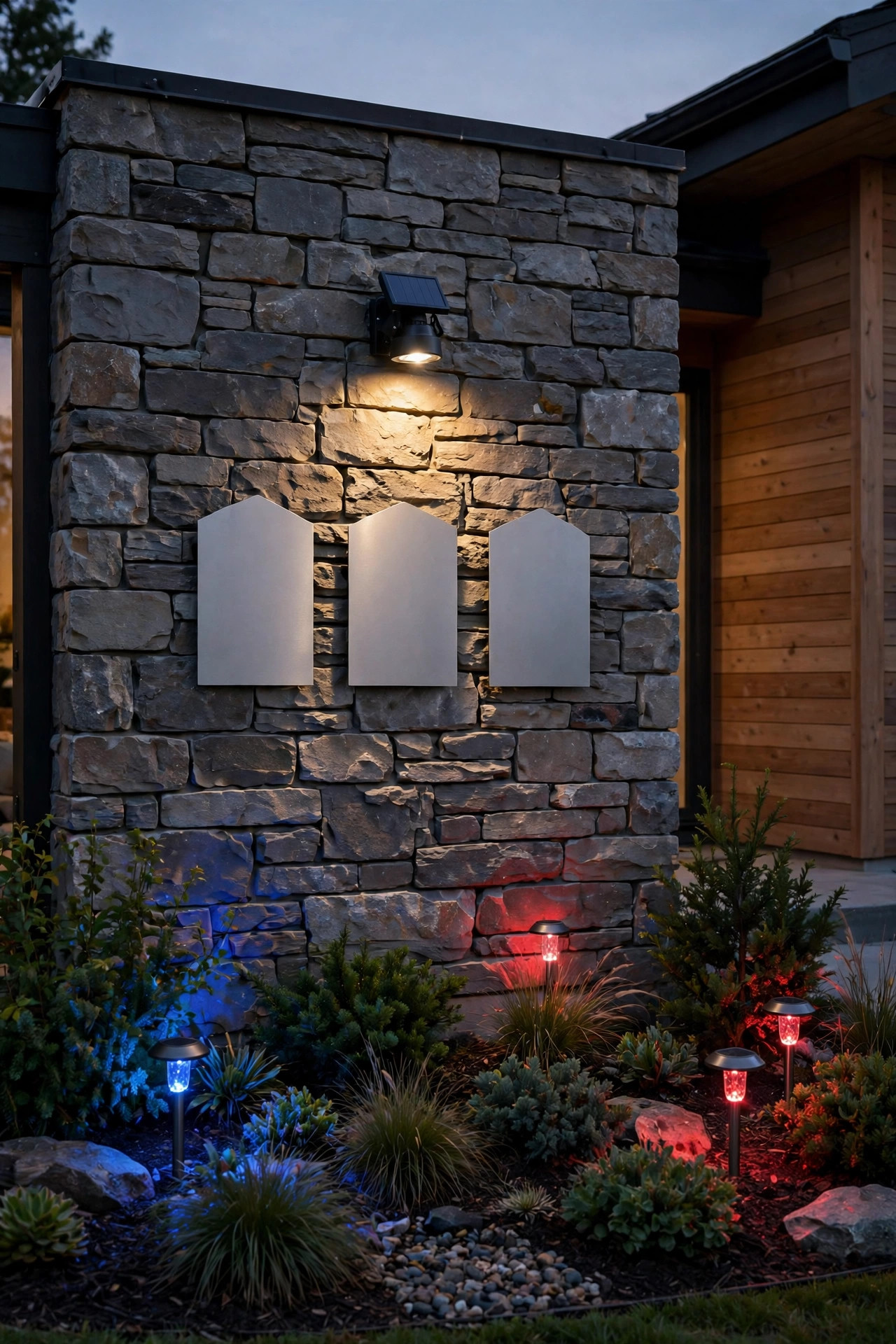 House numbers lit by a solar spotlight with red and blue color changing accents in the front beds