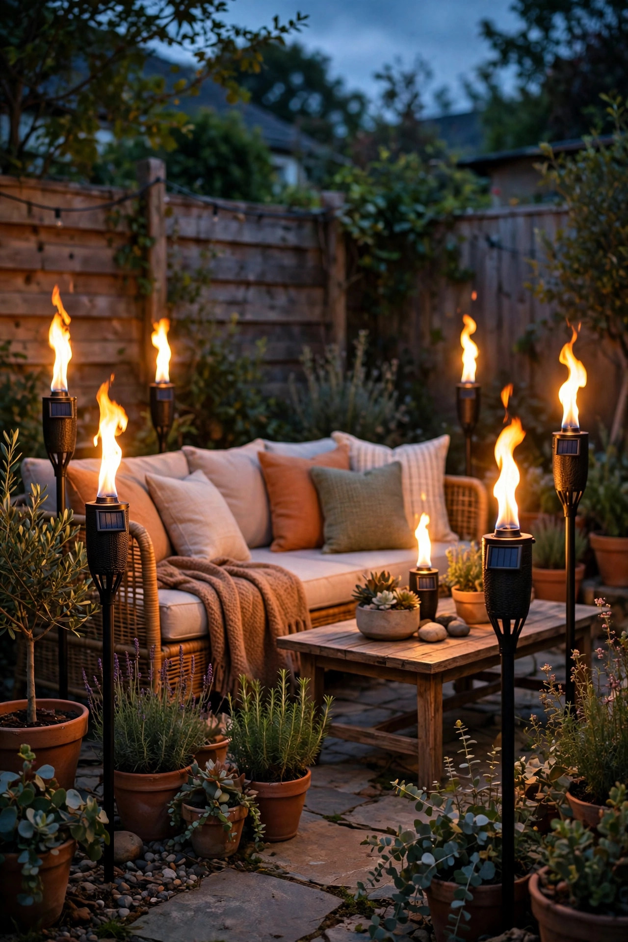 Solar flame effect torches flickering warm amber around backyard party seating at dusk