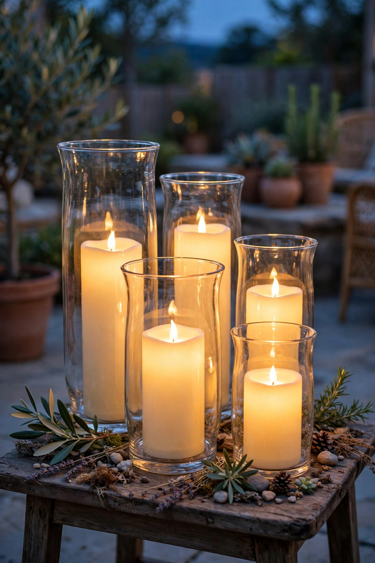 Cluster of flameless LED candles in glass hurricanes on a small patio side table at dusk, warm flickering glow at mixed heights