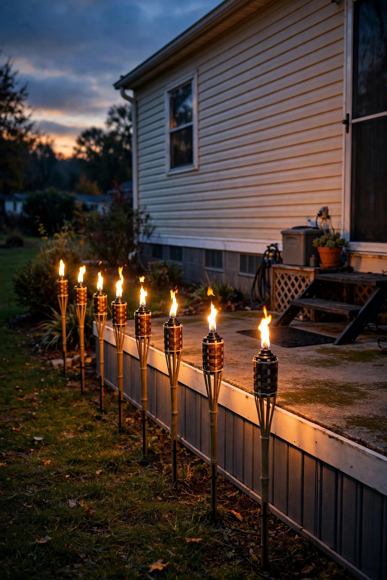 Row of solar flameless tiki torches with realistic flickering flames staked along the skirting of a mobile home beside the patio at dusk