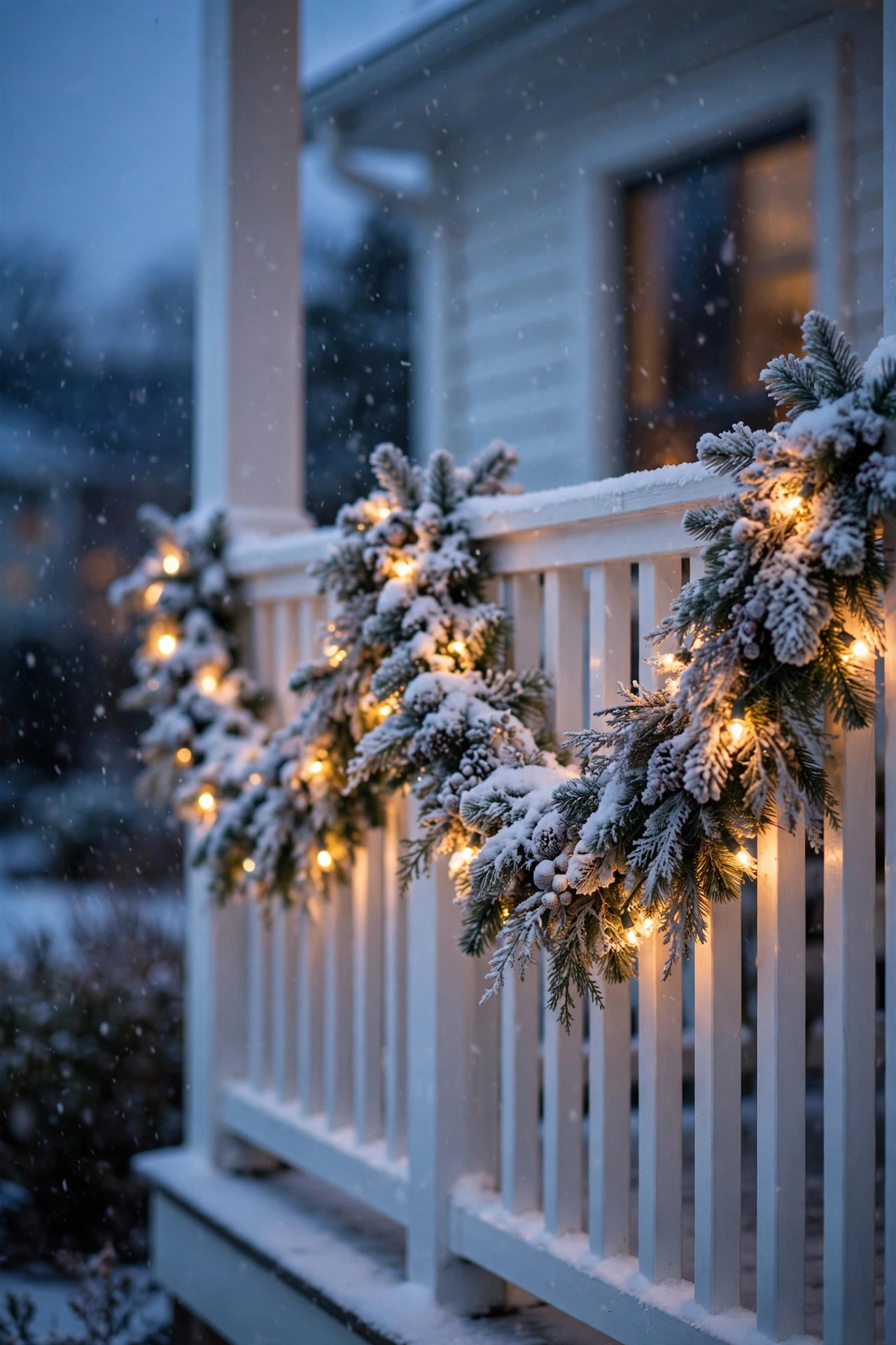 Flocked snowy pre-lit garland with warm lights along a porch railing at dusk