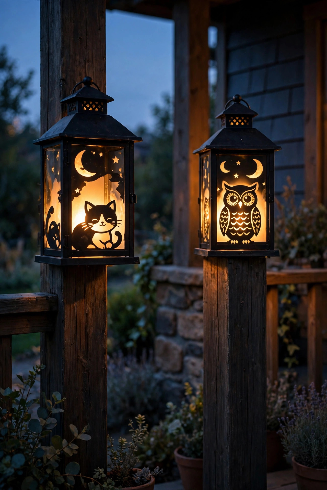 Black silhouette lanterns with cute cat, moon and owl cut-outs glowing warm on porch posts at dusk