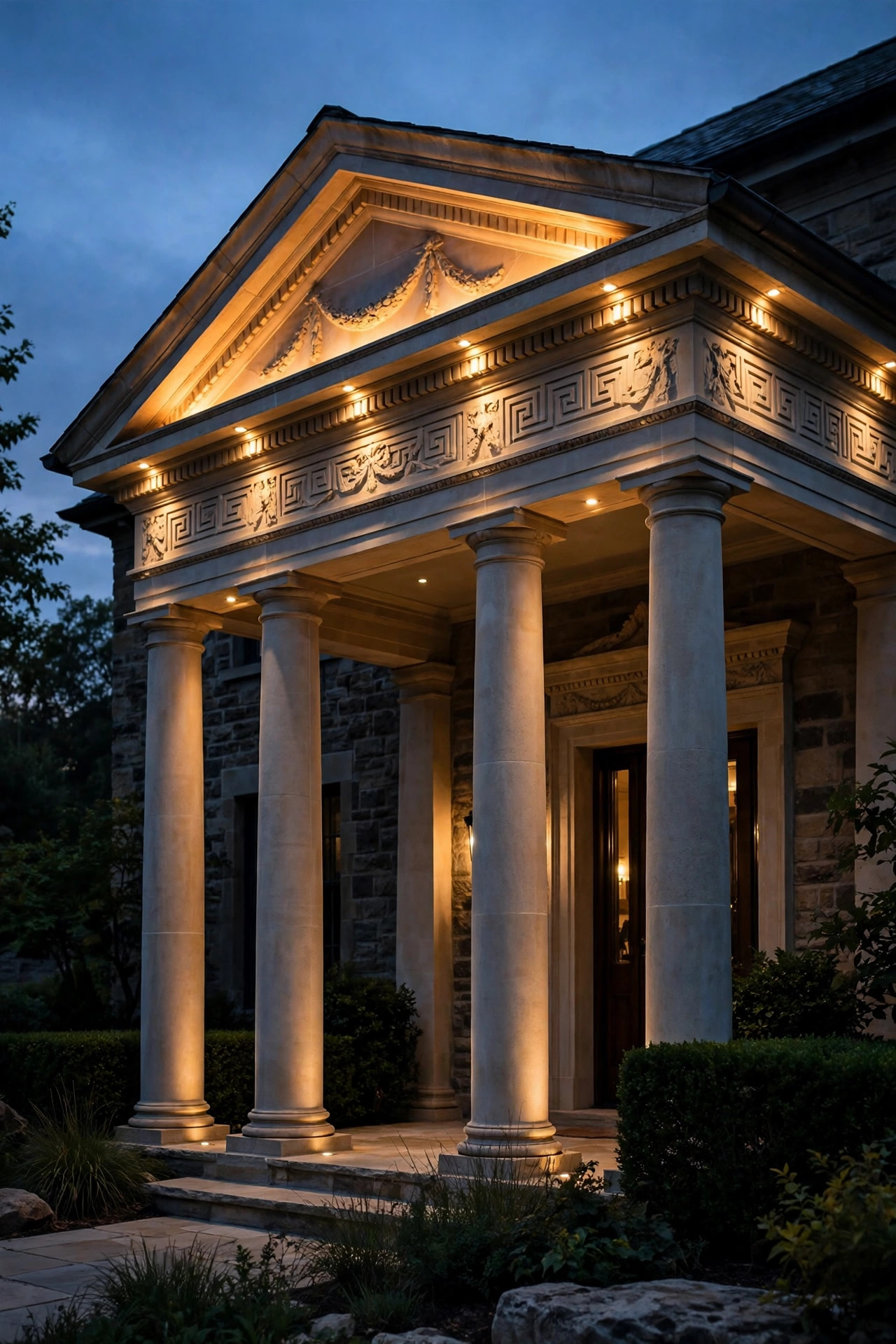Narrow accent lights illuminating the frieze and pediment above tall portico columns at dusk