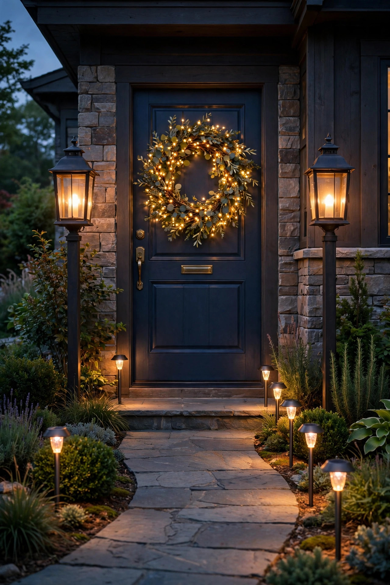 Front door flanked by tall glowing lanterns with a fairy light wreath and solar path stakes lighting the walkway at dusk