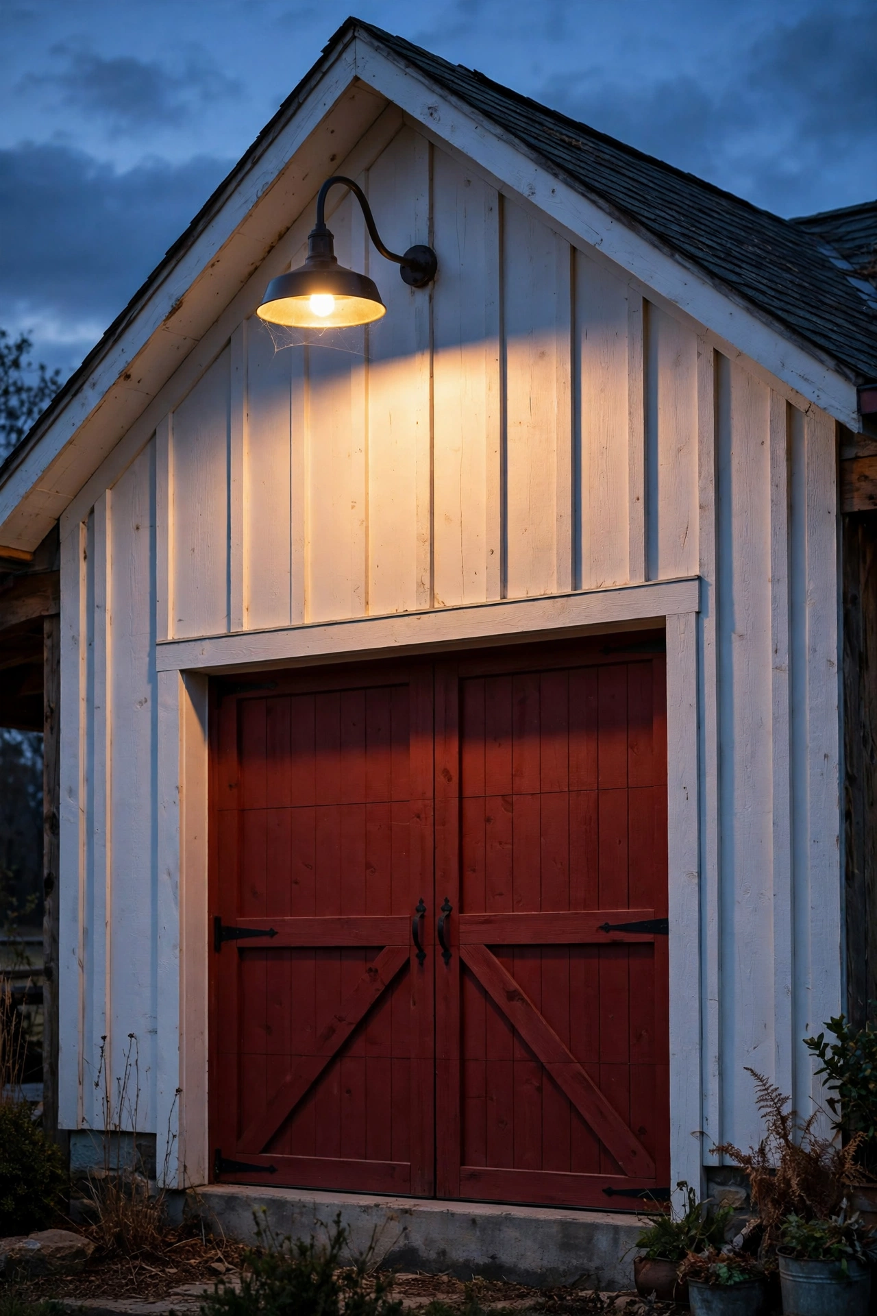 Gooseneck barn light with dusk-to-dawn sensor glowing on a farmhouse garage gable at night