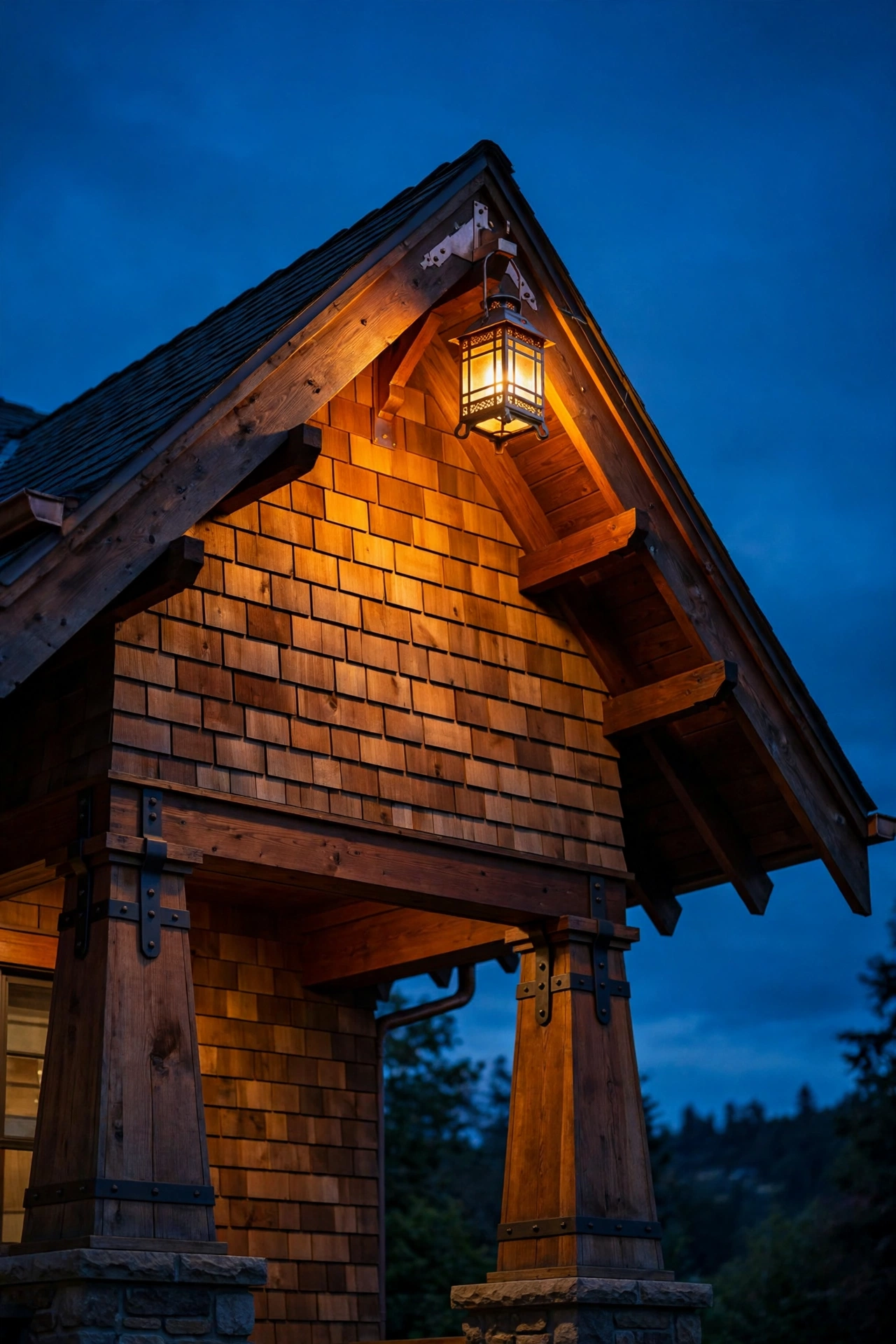 Small copper lantern glowing at the gable peak of a craftsman bungalow at dusk