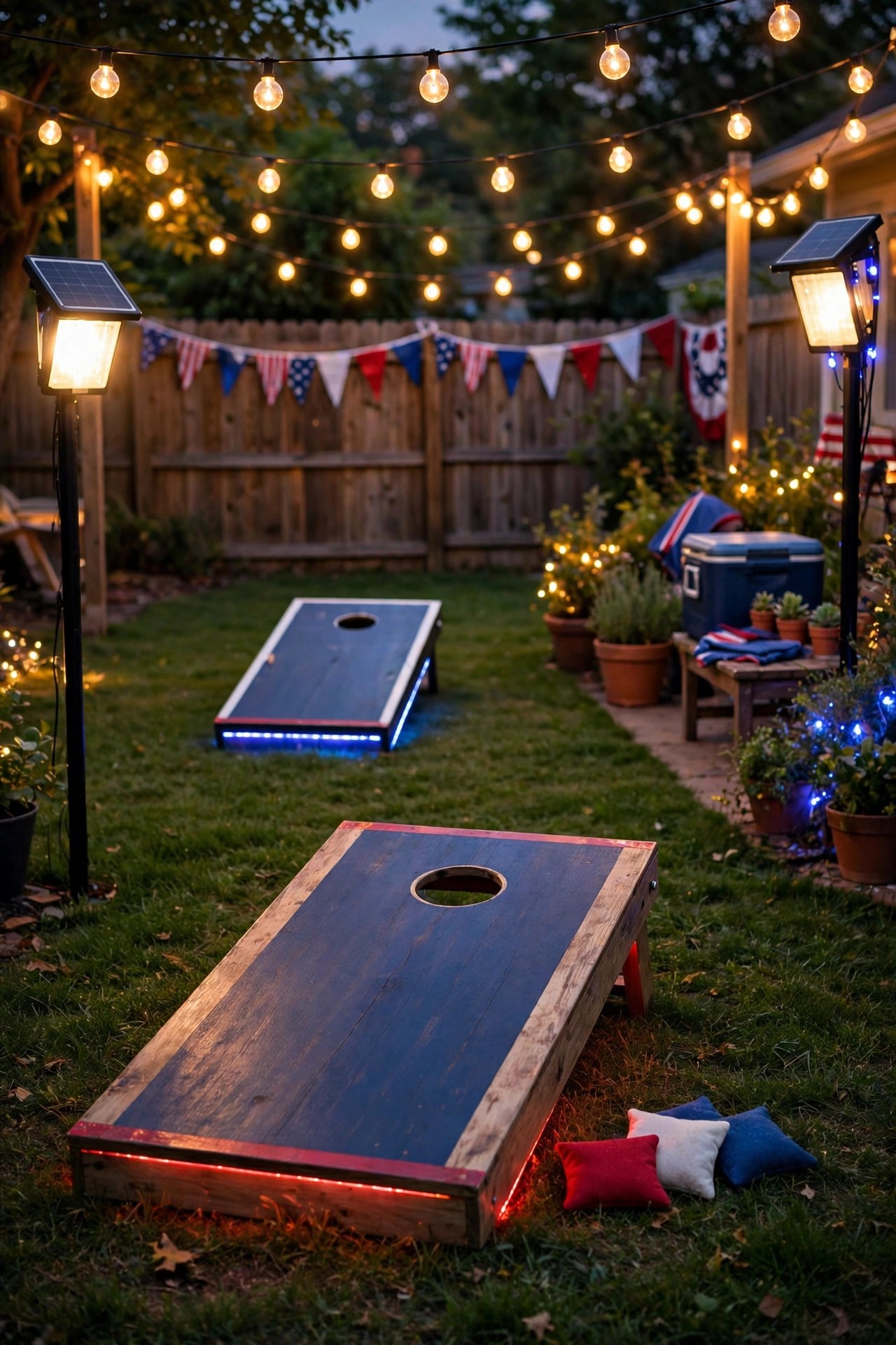 Cornhole game zone lit by solar flood lights and globe string lights at a backyard party