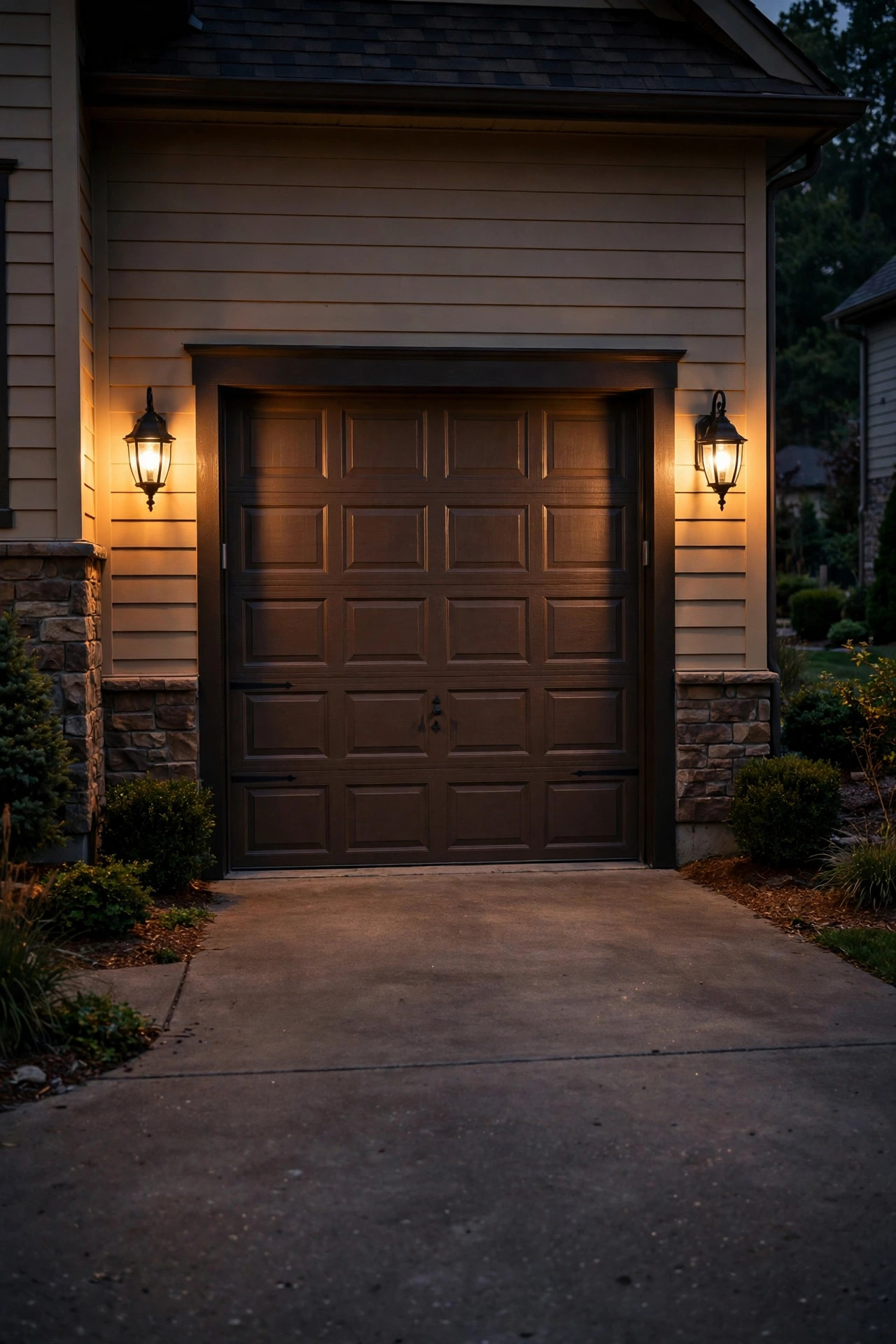 Pair of carriage sconces flanking a garage door glowing warm over a driveway