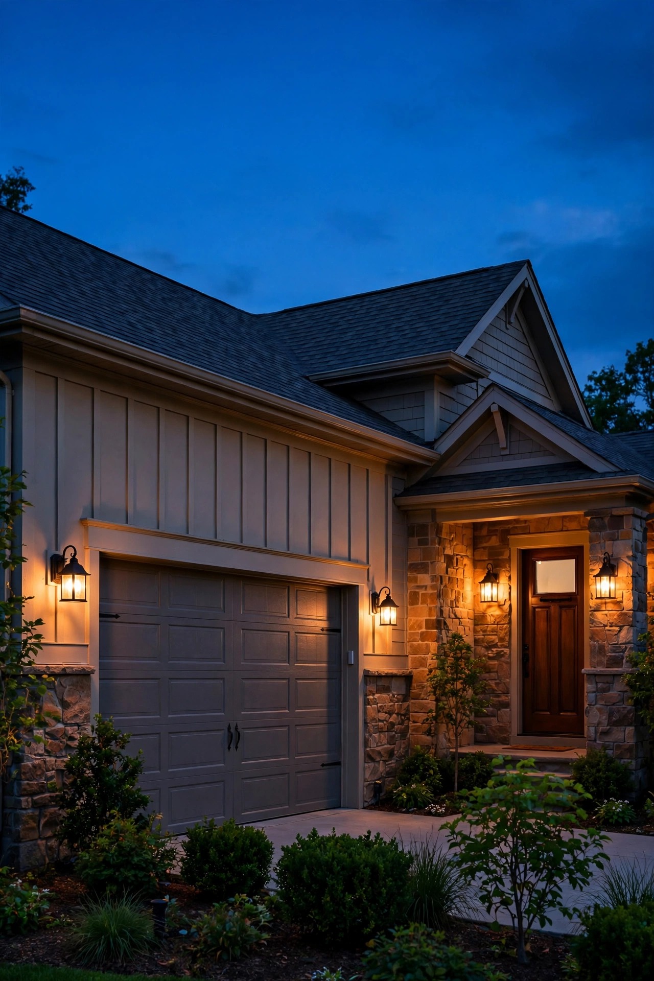 Simplified coach lights flanking a wide garage door, echoing the front entry lanterns on a traditional home at dusk