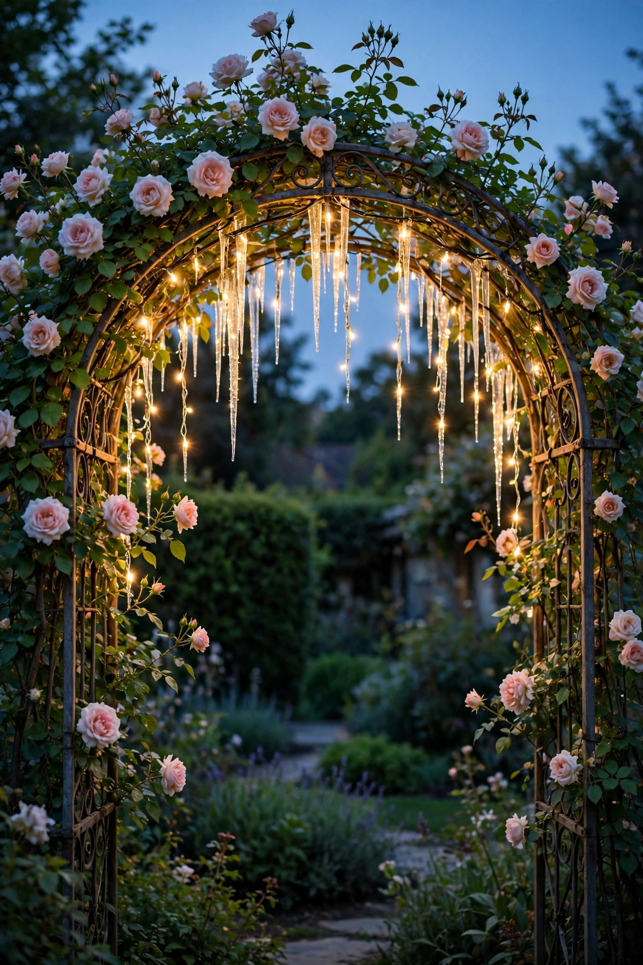 Icicle lights draped over a garden arch with climbing roses at twilight