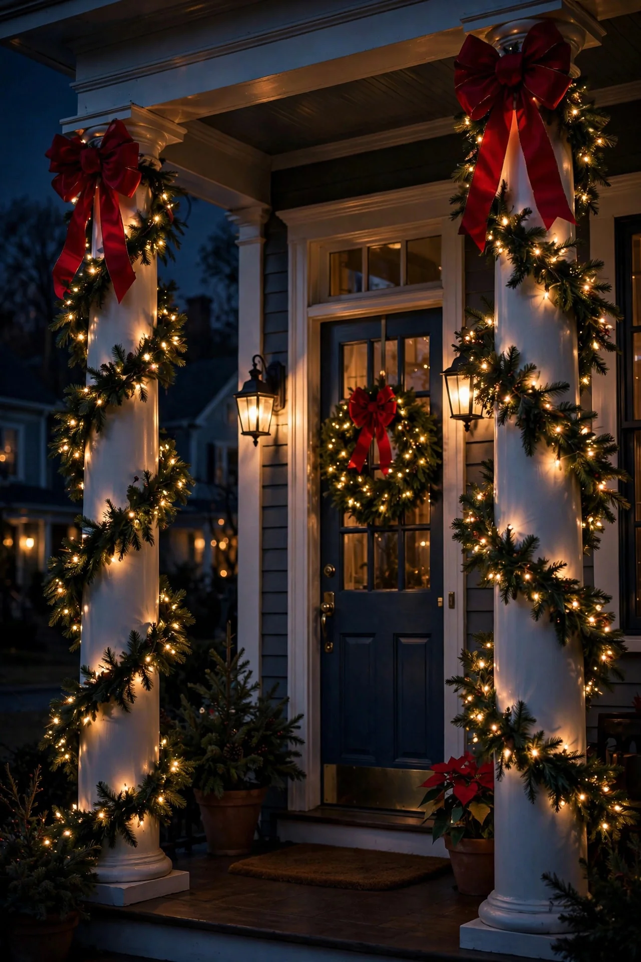 Porch columns spiraled with lit evergreen garland and red bows at night