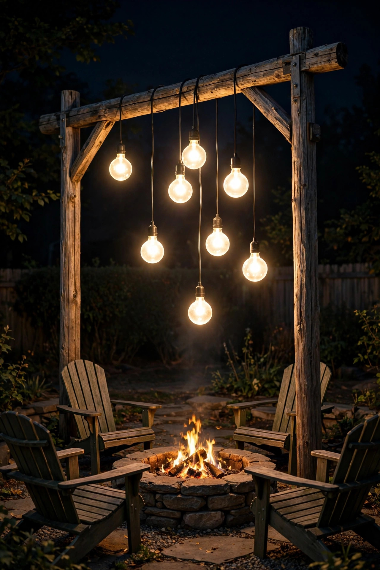 Cluster of globe-bulb outdoor chandelier lights hanging above a fire-pit seating area