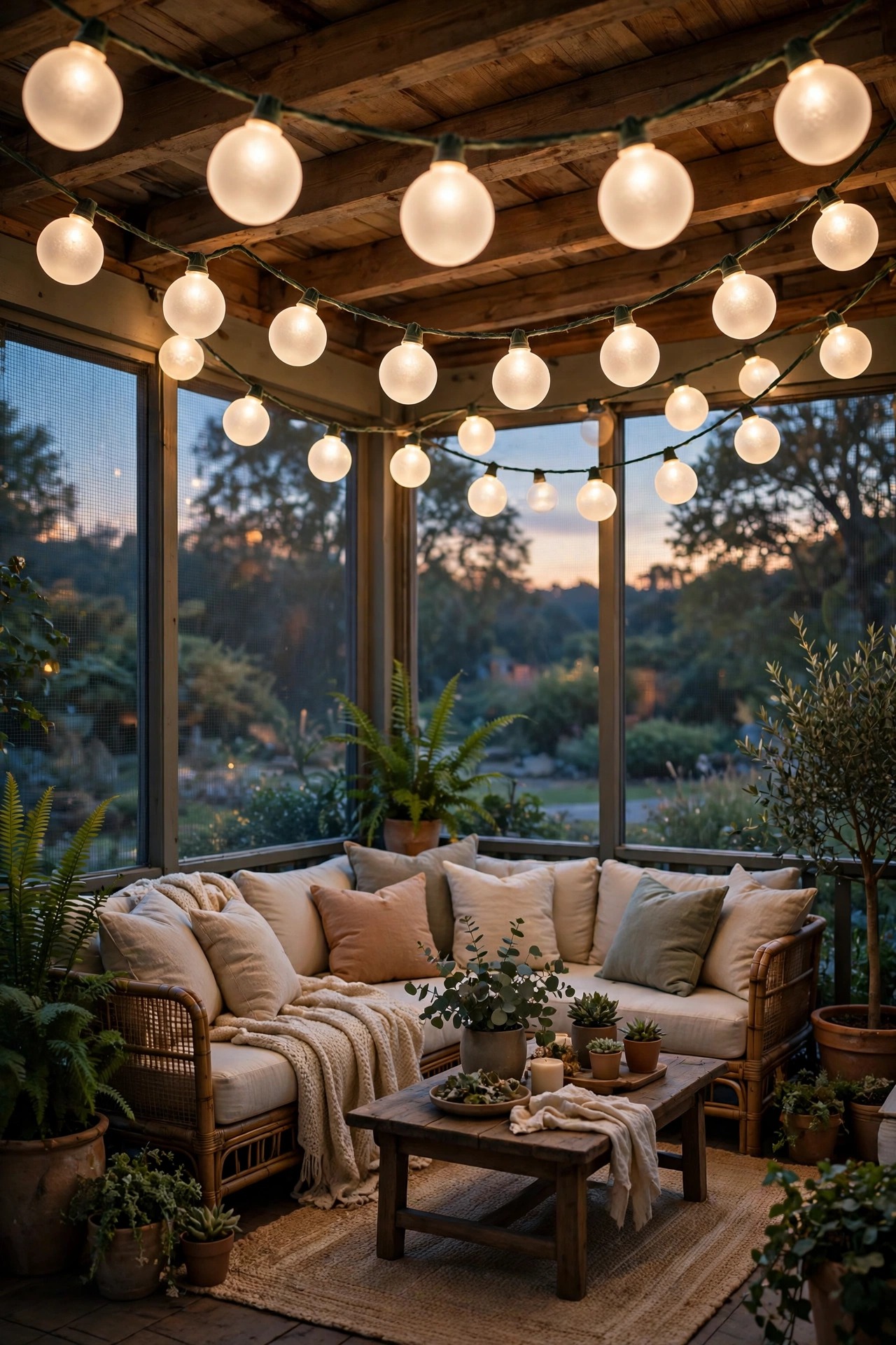 Solar globe string lights with milky orbs tracing the inside of a gazebo roof