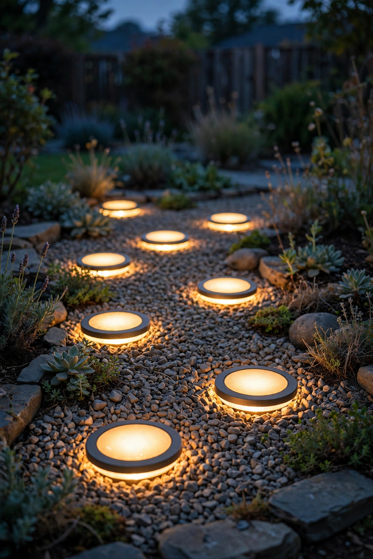 Solar disk lights nestled level in a gravel garden bed glowing warmly at dusk