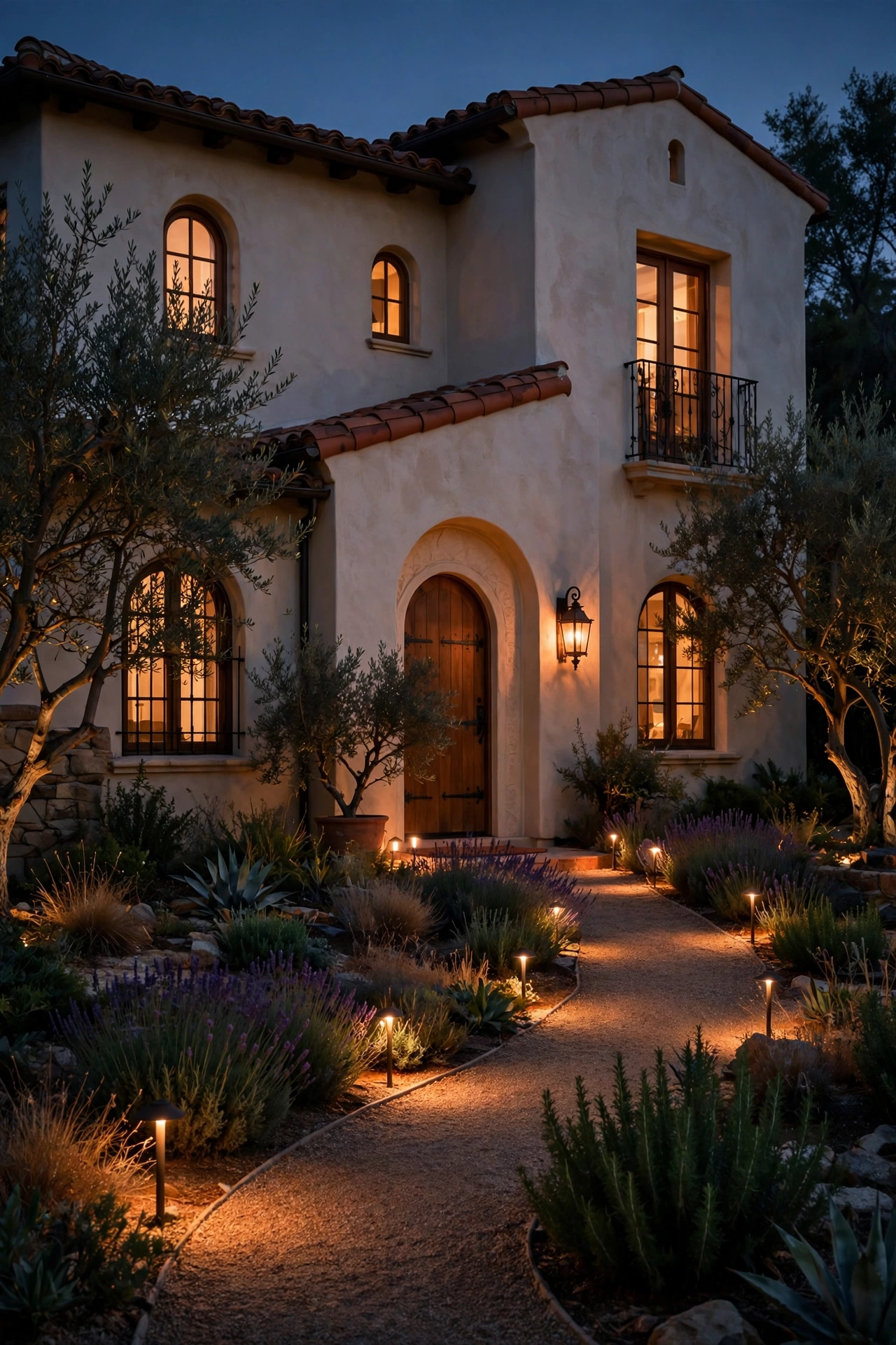 Low warm path lights edging a gravel walkway in a Mediterranean garden at night