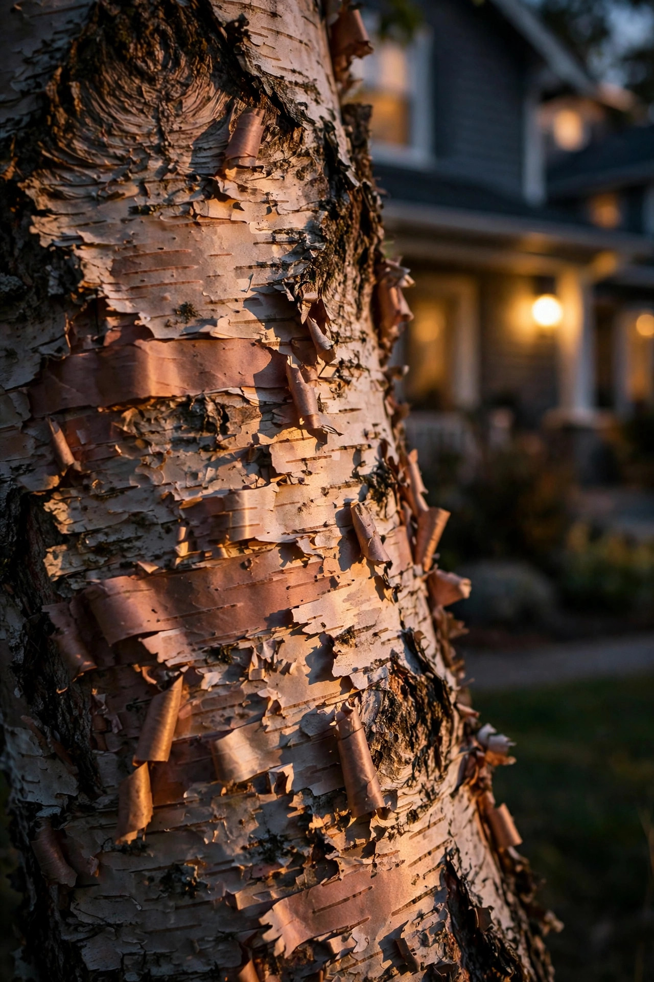 Close grazing light raking up the peeling textured bark of a front yard river birch tree