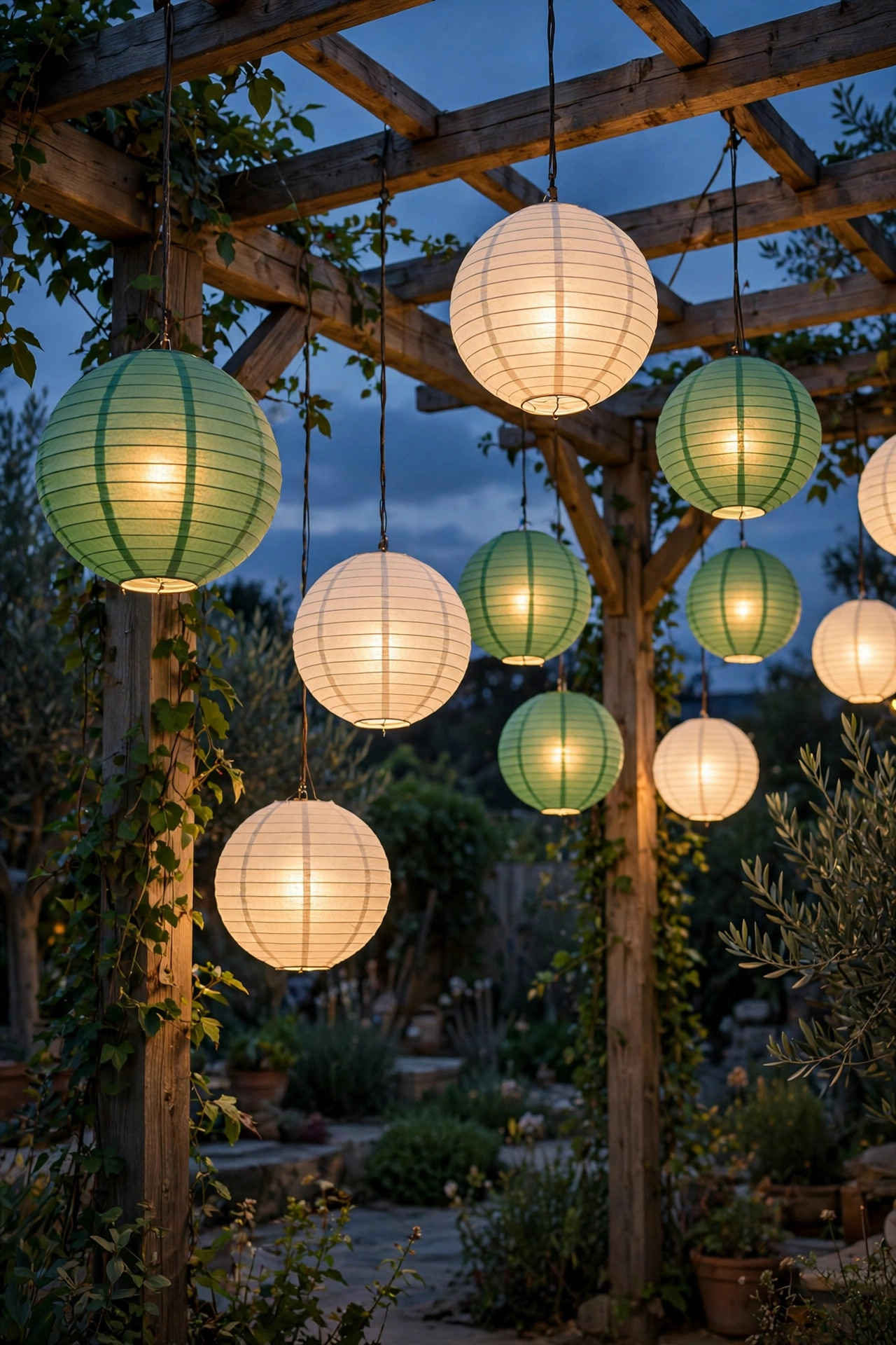 Green and white paper lanterns with LED lights hanging from a pergola at dusk