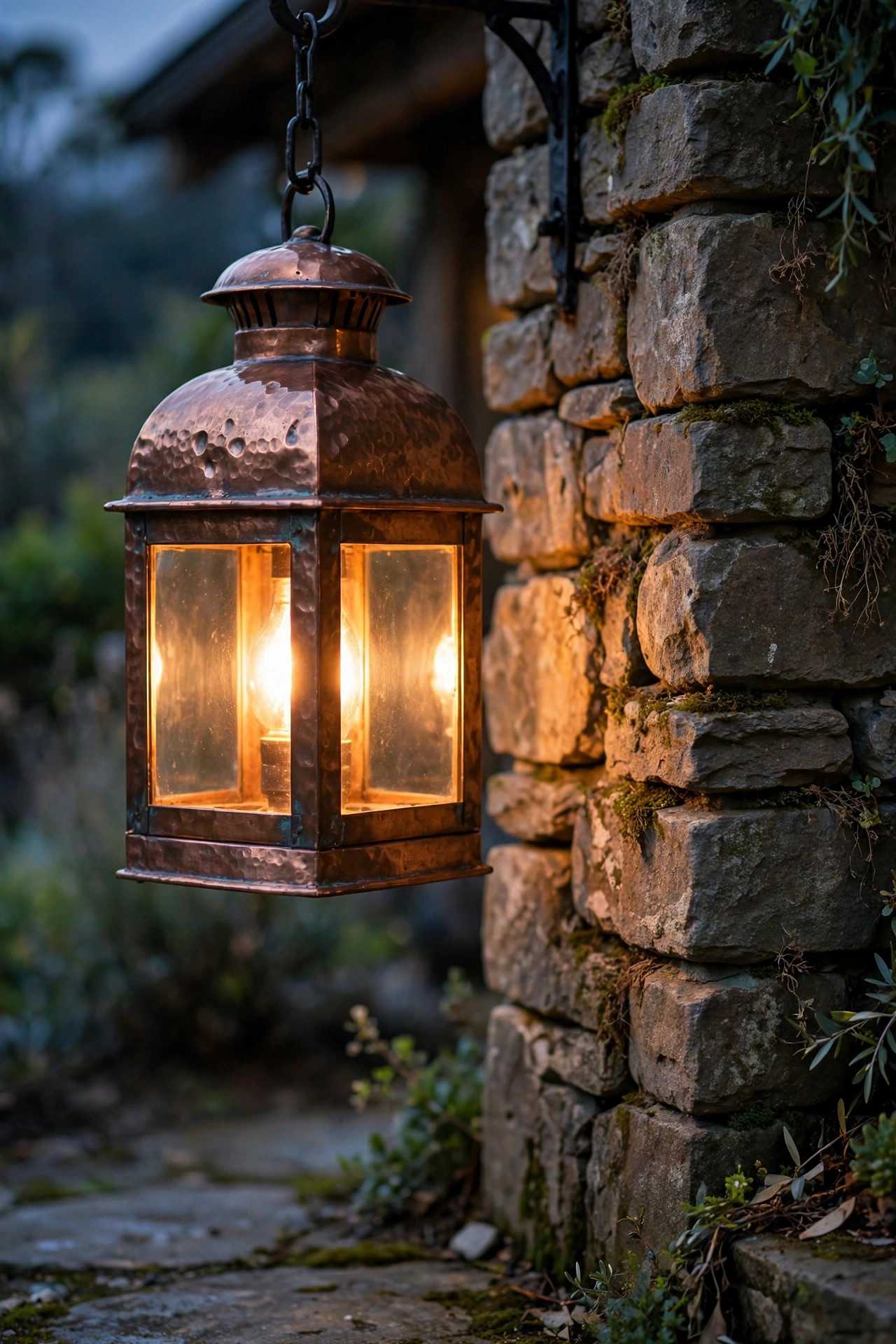 Hammered copper lantern with a hand-worked textured surface glowing beside a stone entry wall