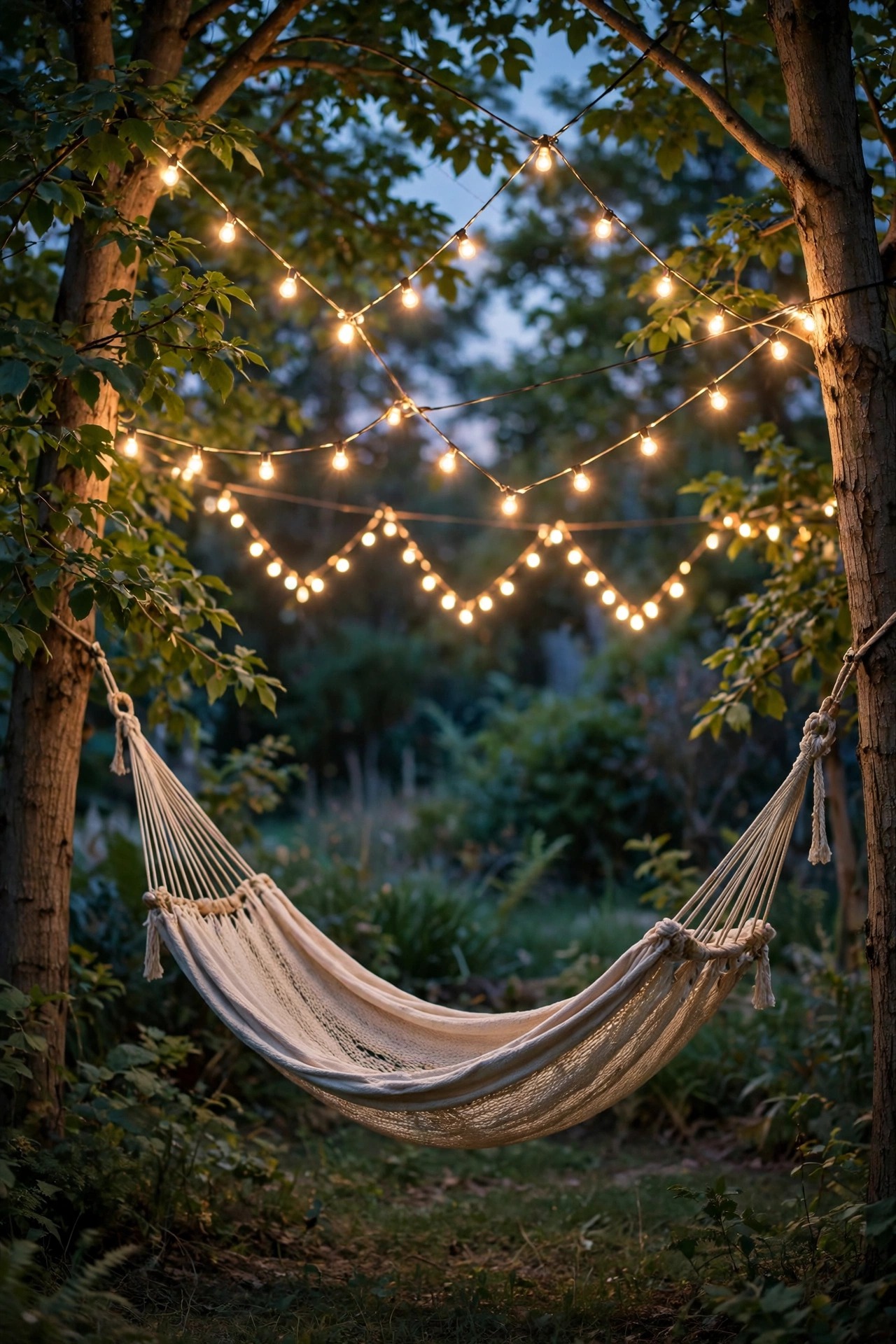 Hammock strung between two trees under a zigzag canopy of warm string lights