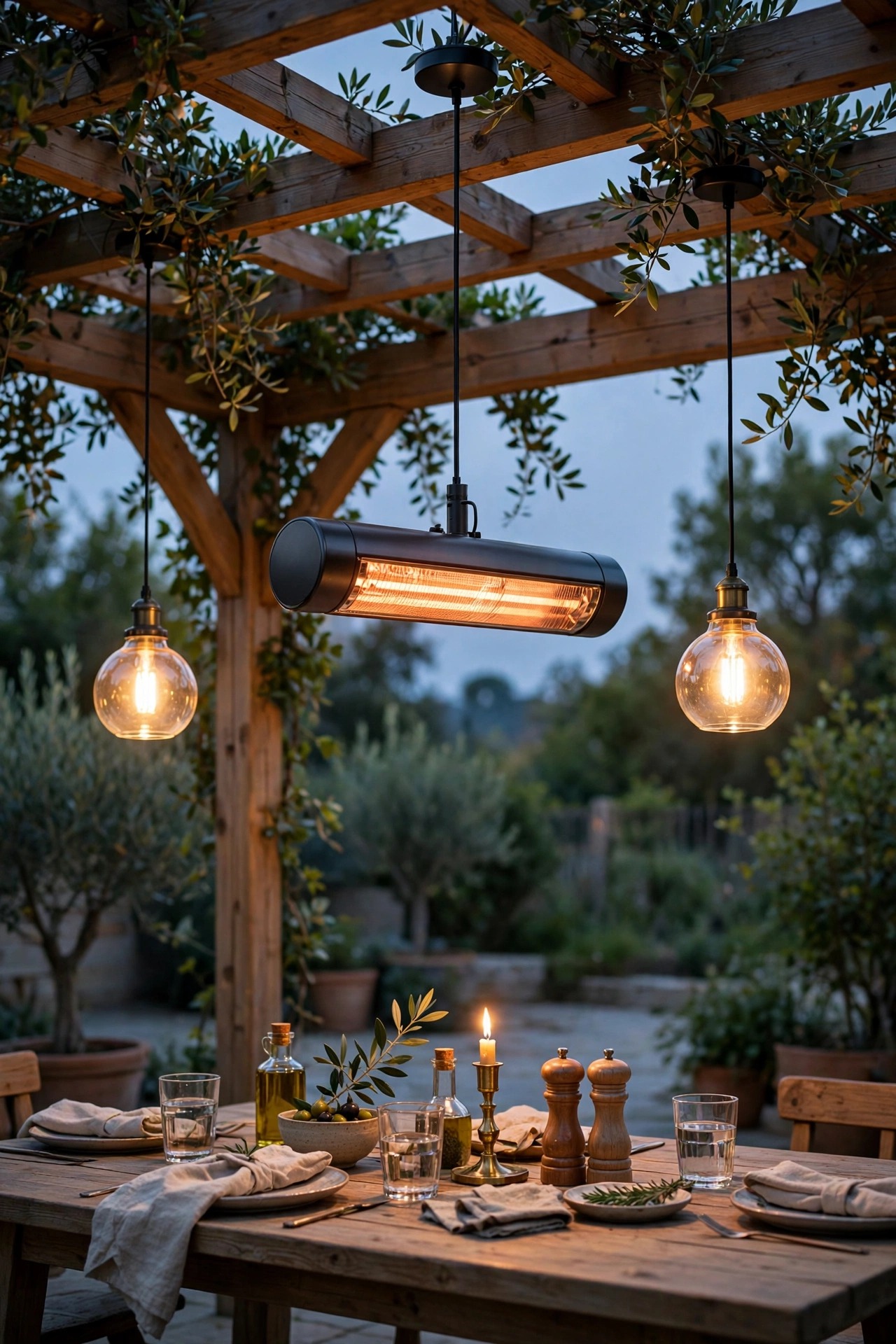 Pendant heater hanging over a pergola dining table flanked by two warm pendant lights