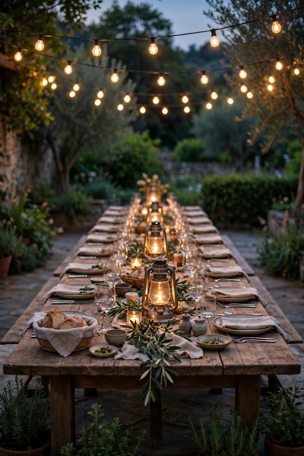 Long outdoor dinner table lit by string lights overhead and lanterns down the center at dusk