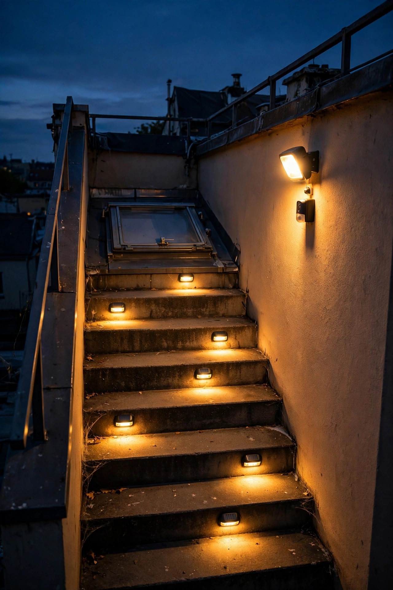 Solar step lights and a motion sensor light illuminating rooftop access stairs and hatch at night