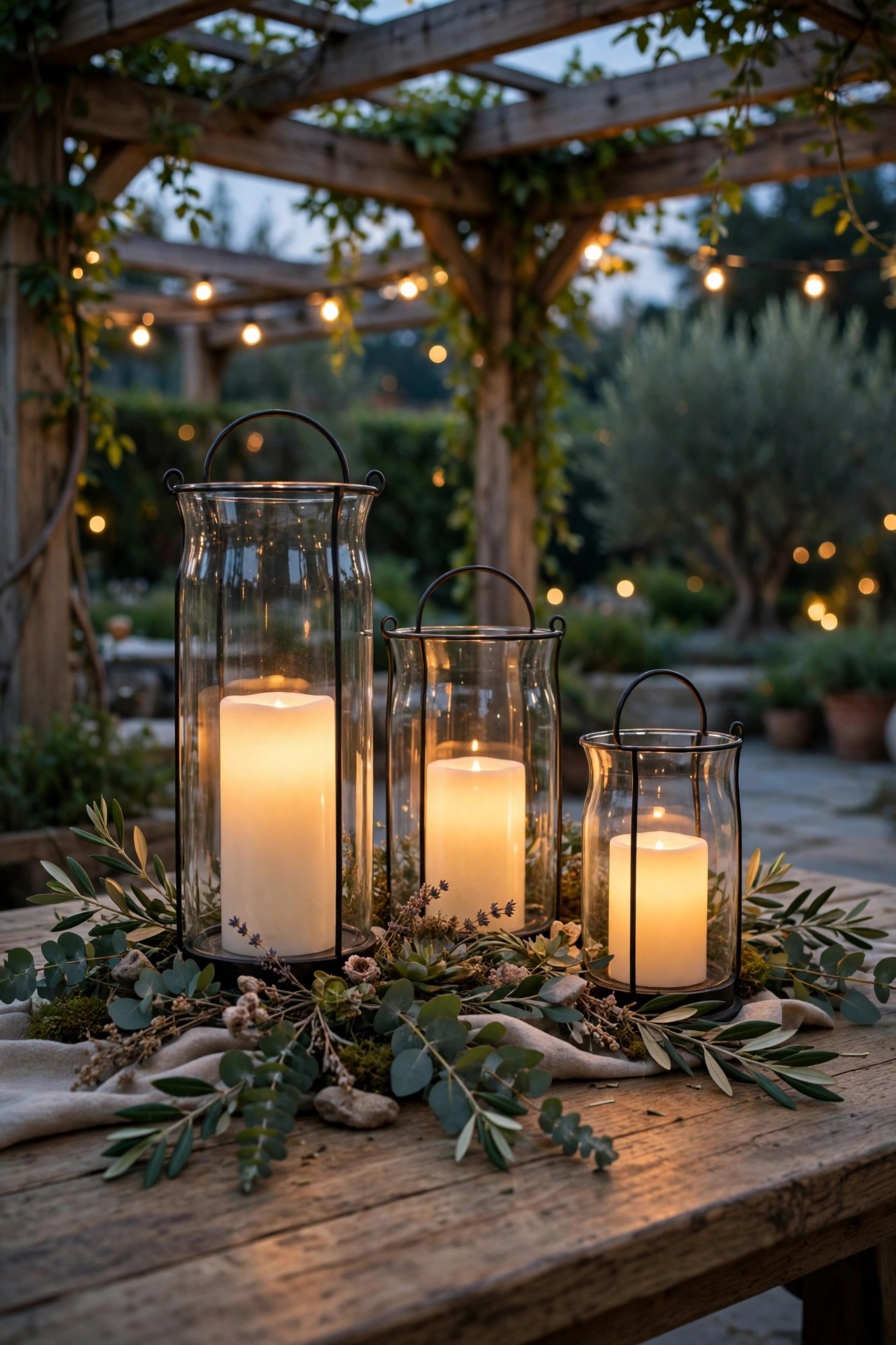 Glass hurricane lanterns with flameless candles as a pergola table centerpiece