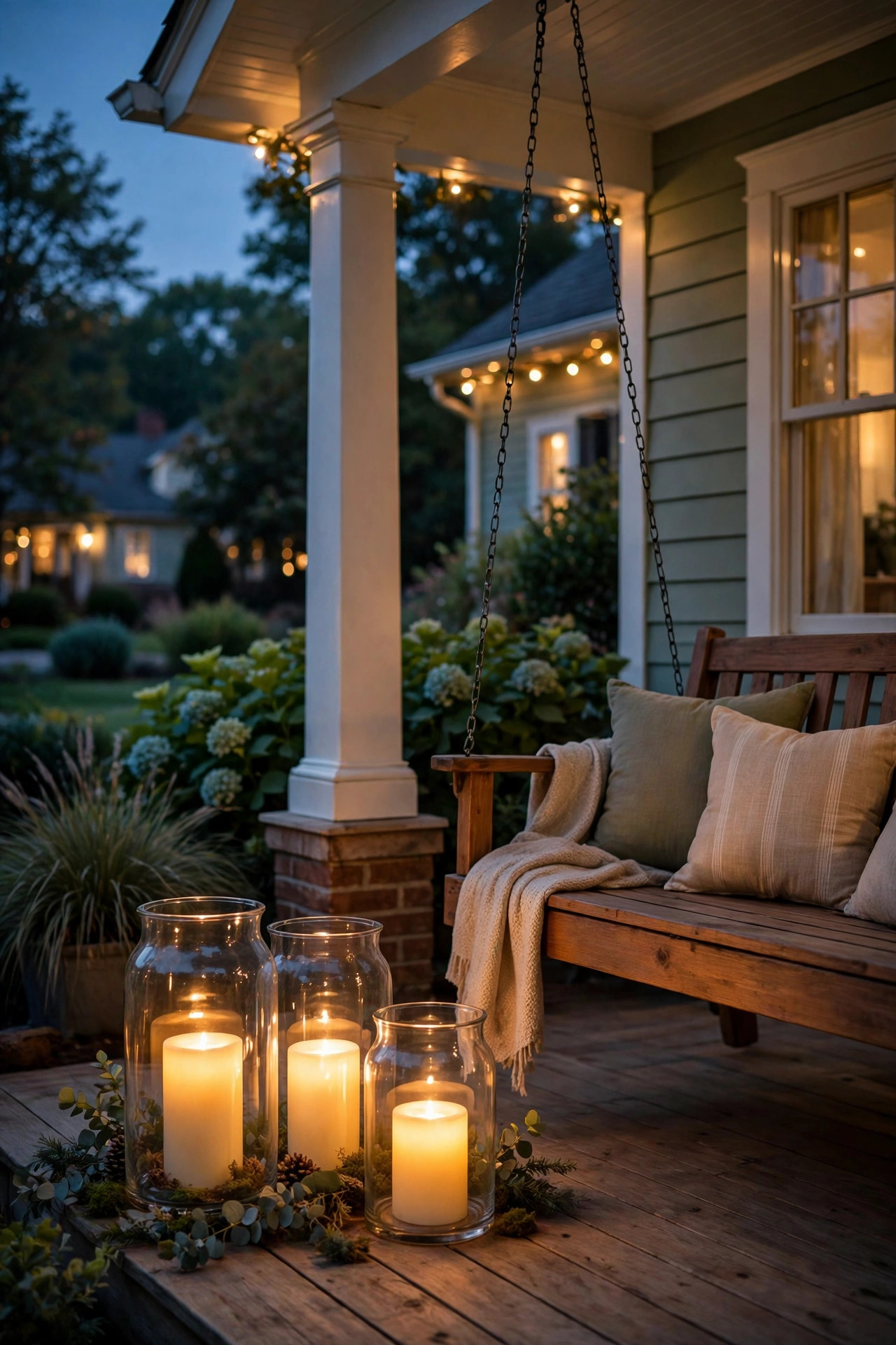 Large glass hurricane jars with flameless candles glowing at floor level beside a porch swing