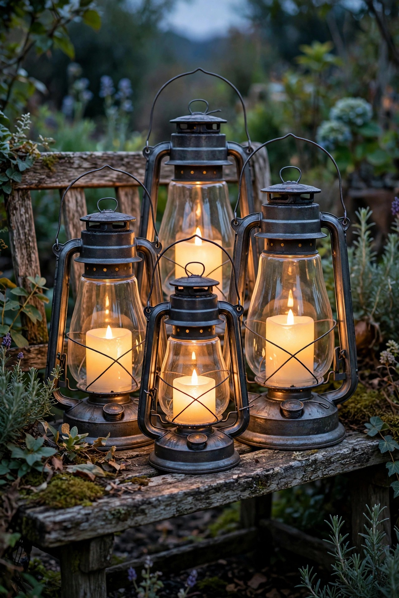 Hurricane lanterns with flameless candles clustered on a rustic garden bench at dusk